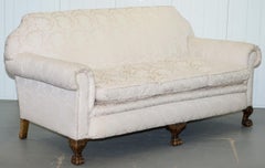 Rare Victorian Damask Upholstery Walnut Carved Lion Paw Feet Sofa Armchair Suite