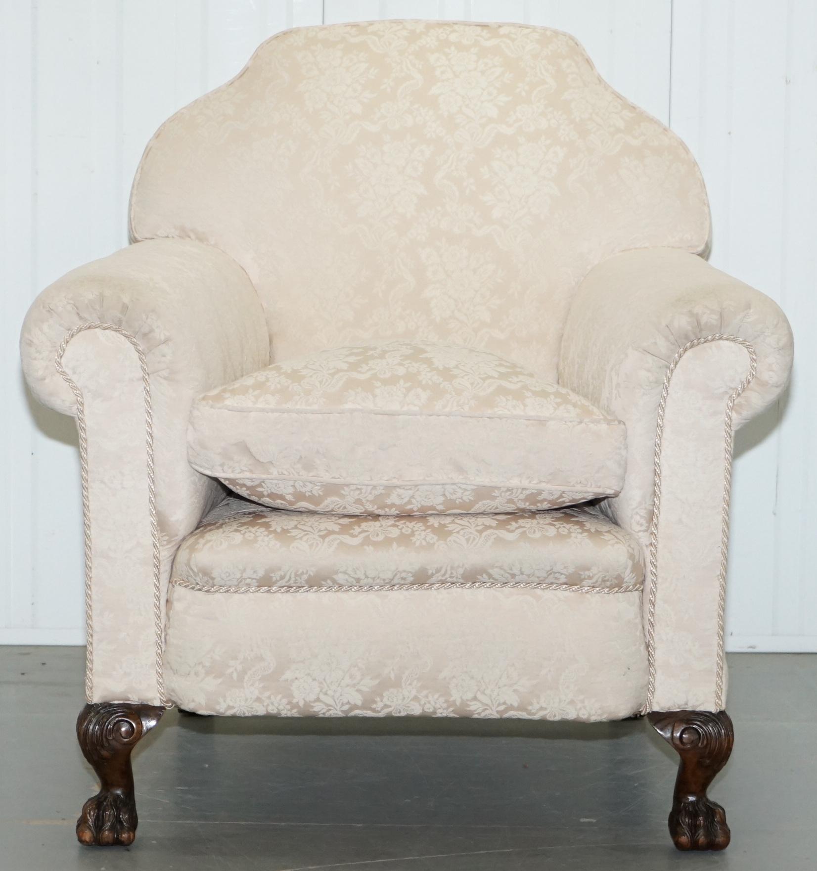 Rare Victorian Damask Upholstery Walnut Carved Lion Paw Feet Sofa Armchair Suite For Sale 14