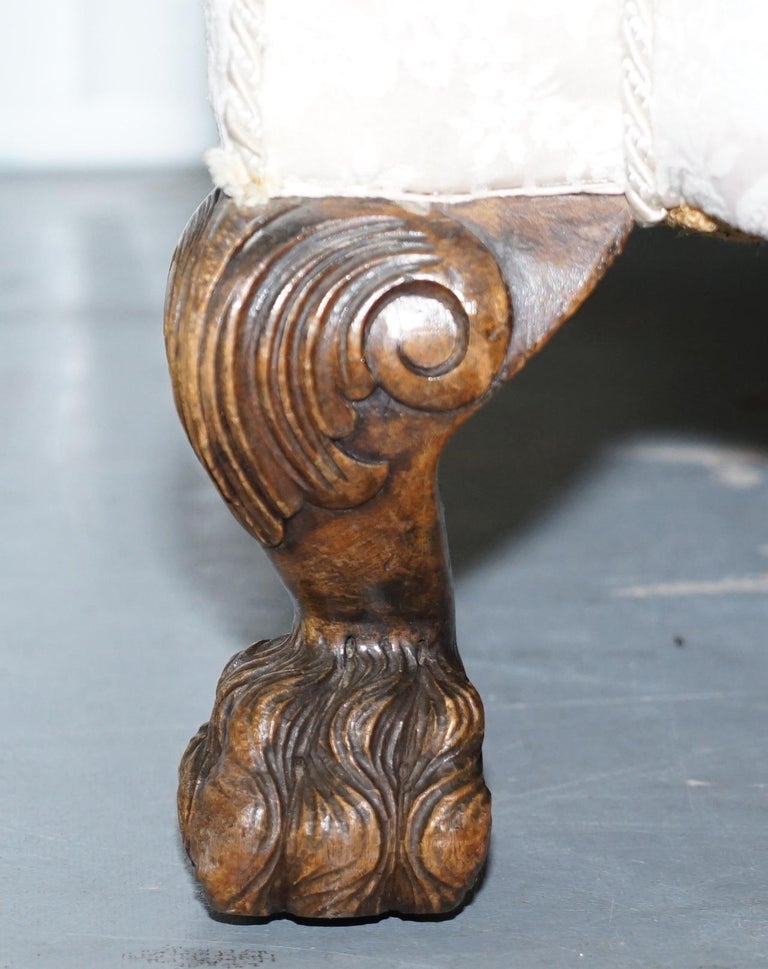 Rare Victorian Damask Upholstery Walnut Carved Lion Paw Feet Sofa