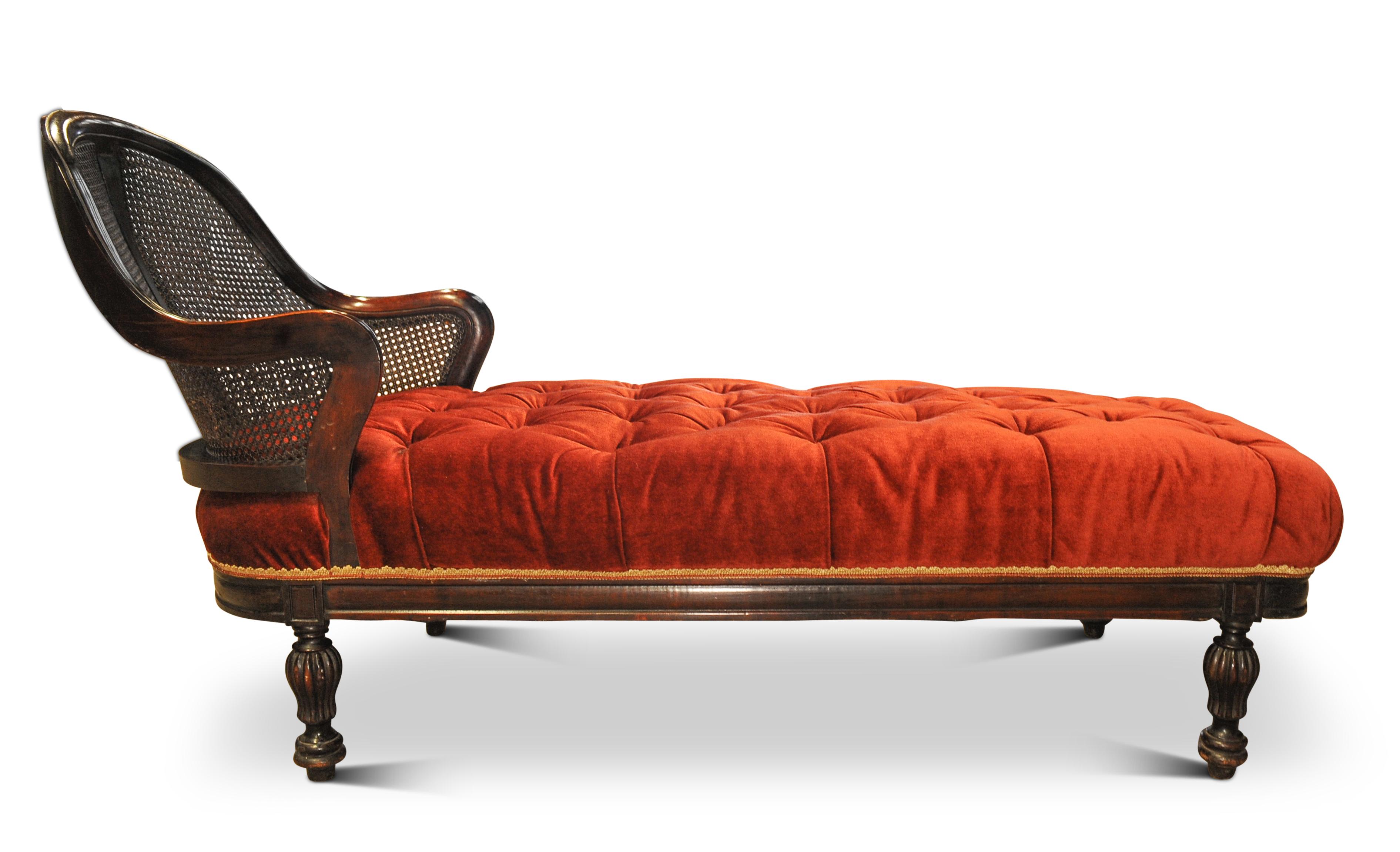 Rare and Unusual 19th Century Red Deep Button Velvet Bergere Chaise Longue / Day Bed With Cane Headrest Circa 1860 

Ideal for a living space or luxurious Boudoir. 

Really comfortable chaise with a really bright vibrant read velvet button-back 