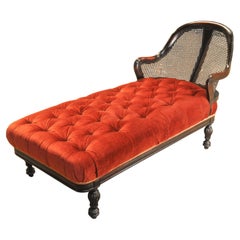 Rare Victorian Deep Button Red Velvet Bergere DayBed With Cane Headrest