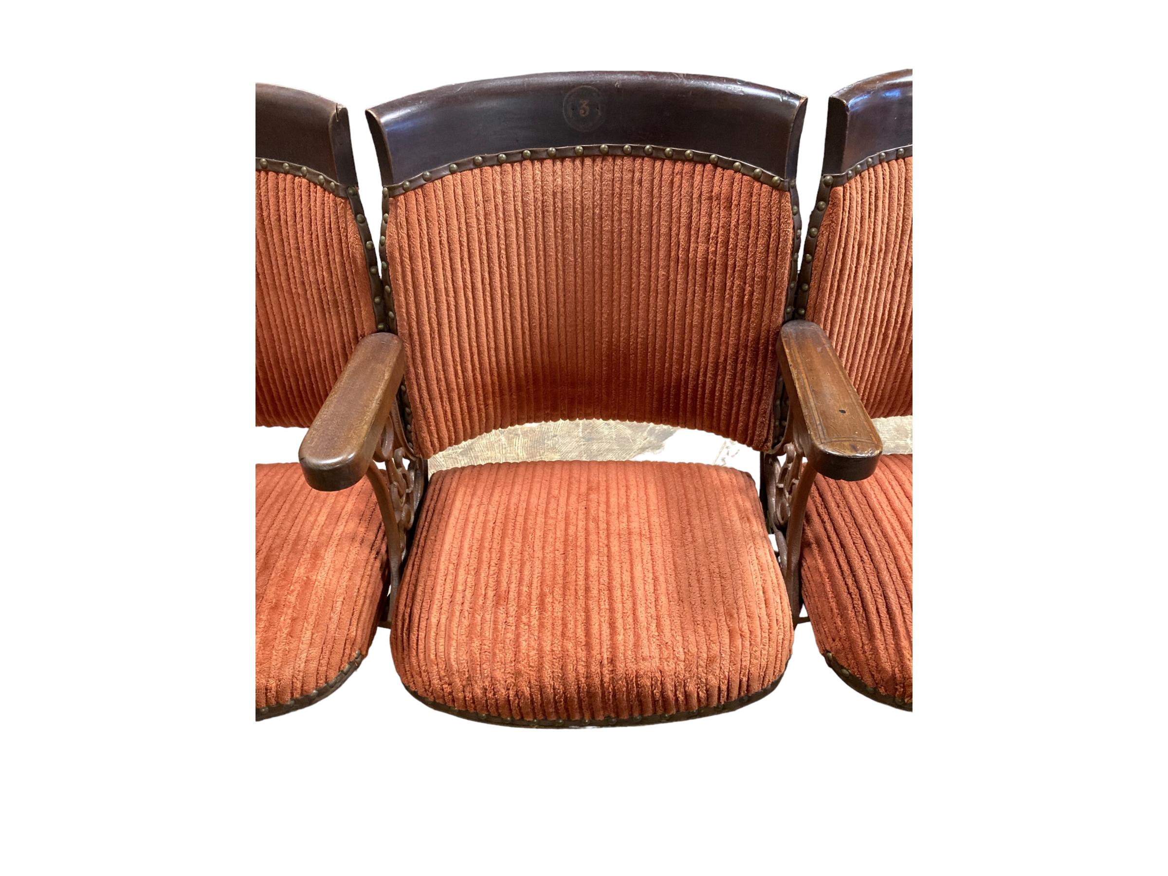Metal Victorian Eastlake Corduroy Upholstered Theatre Row Seats