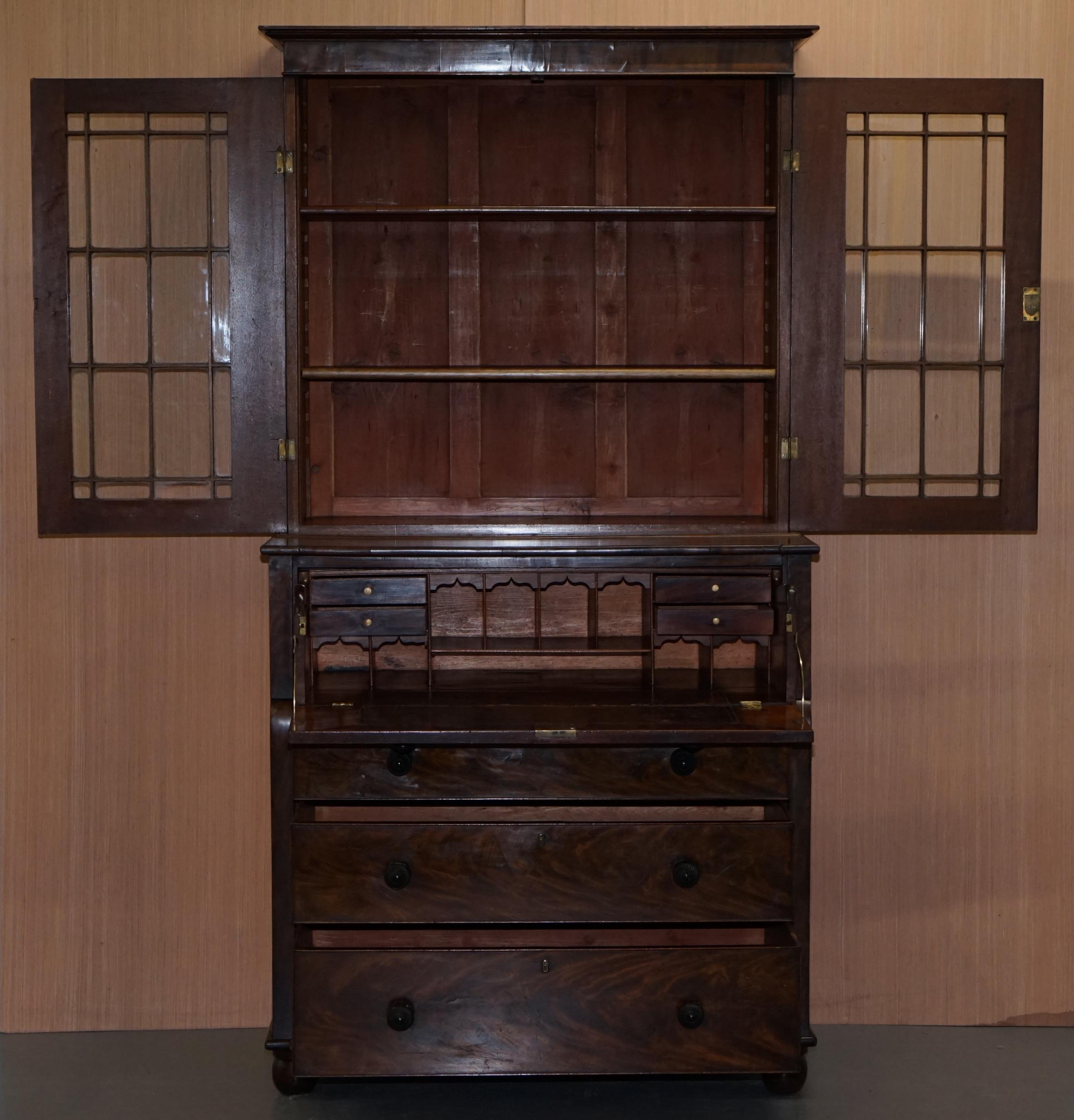 Rare Victorian Flamed Hardwood Library Bookcase Secretaire Desk Chest of Drawers For Sale 8