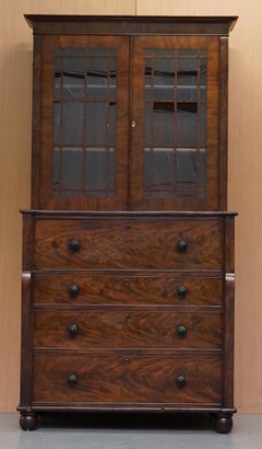 Rare Victorian Flamed Hardwood Library Bookcase Secretaire Desk Chest of Drawers