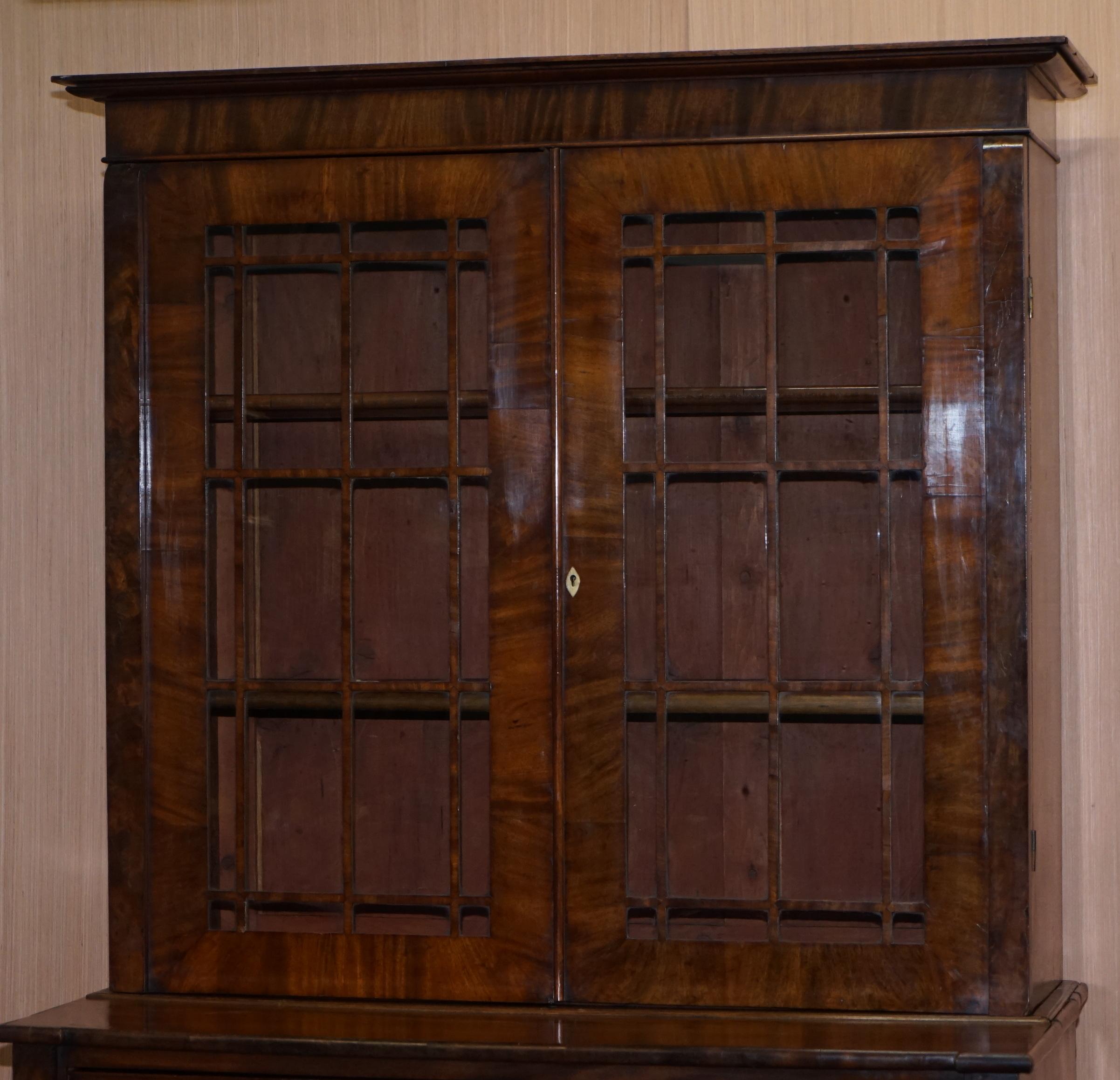 19th Century Rare Victorian Flamed Hardwood Library Bookcase Secretaire Desk Chest of Drawers For Sale