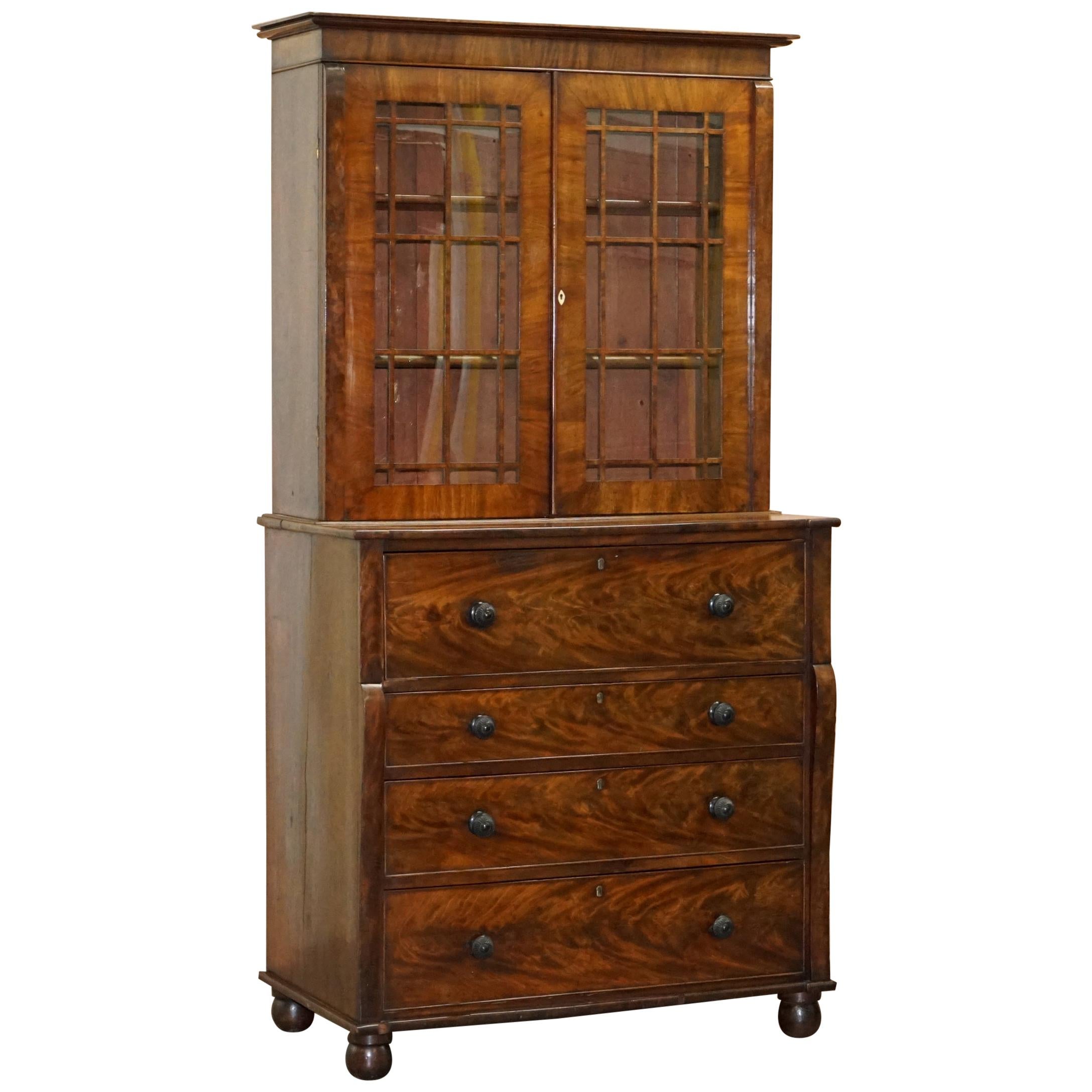 Rare Victorian Flamed Hardwood Library Bookcase Secretaire Desk Chest of Drawers For Sale