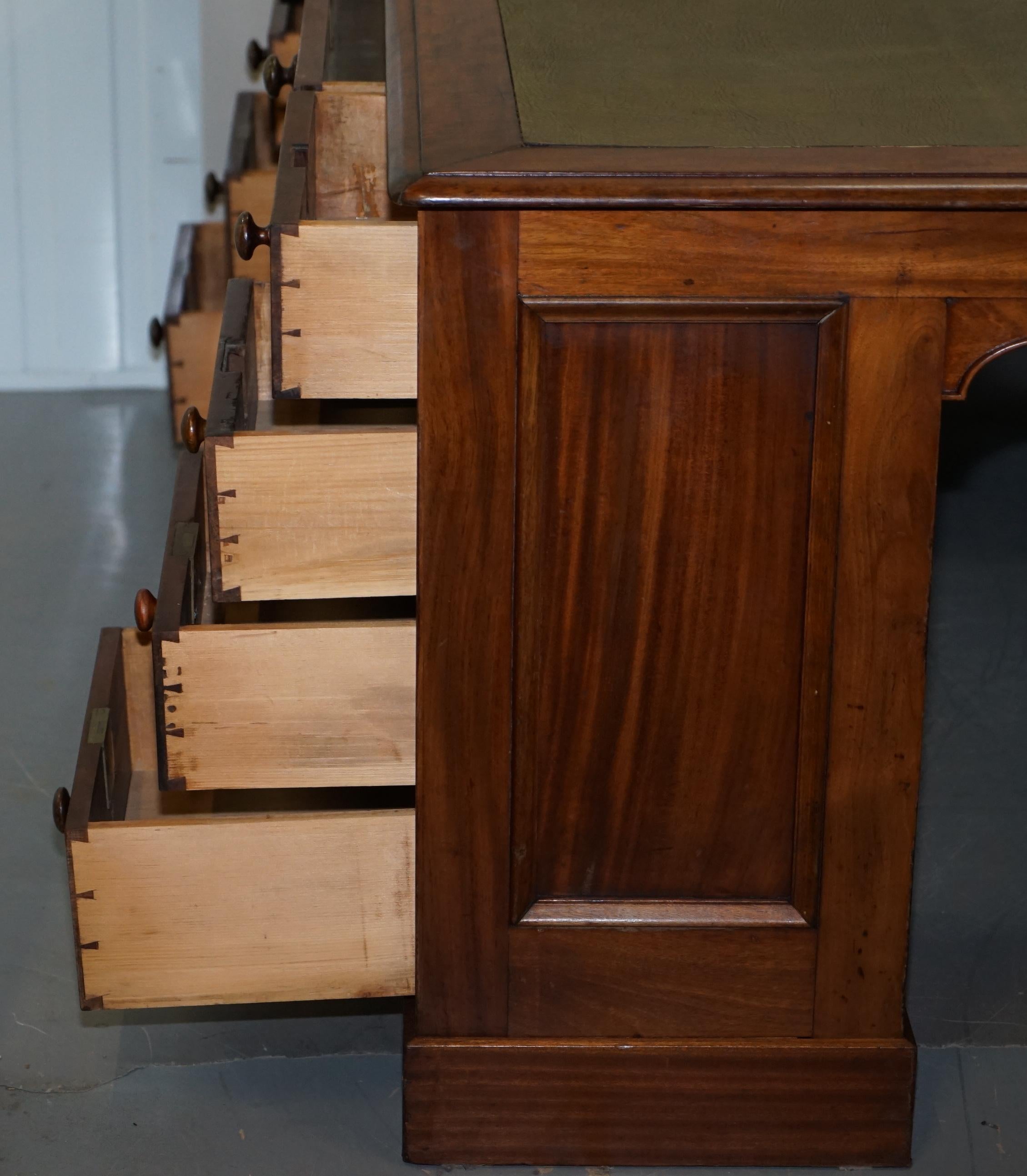 Rare Victorian Four-Sided Quad Pedestal Desk in Flamed Hardwood Green Leather For Sale 6