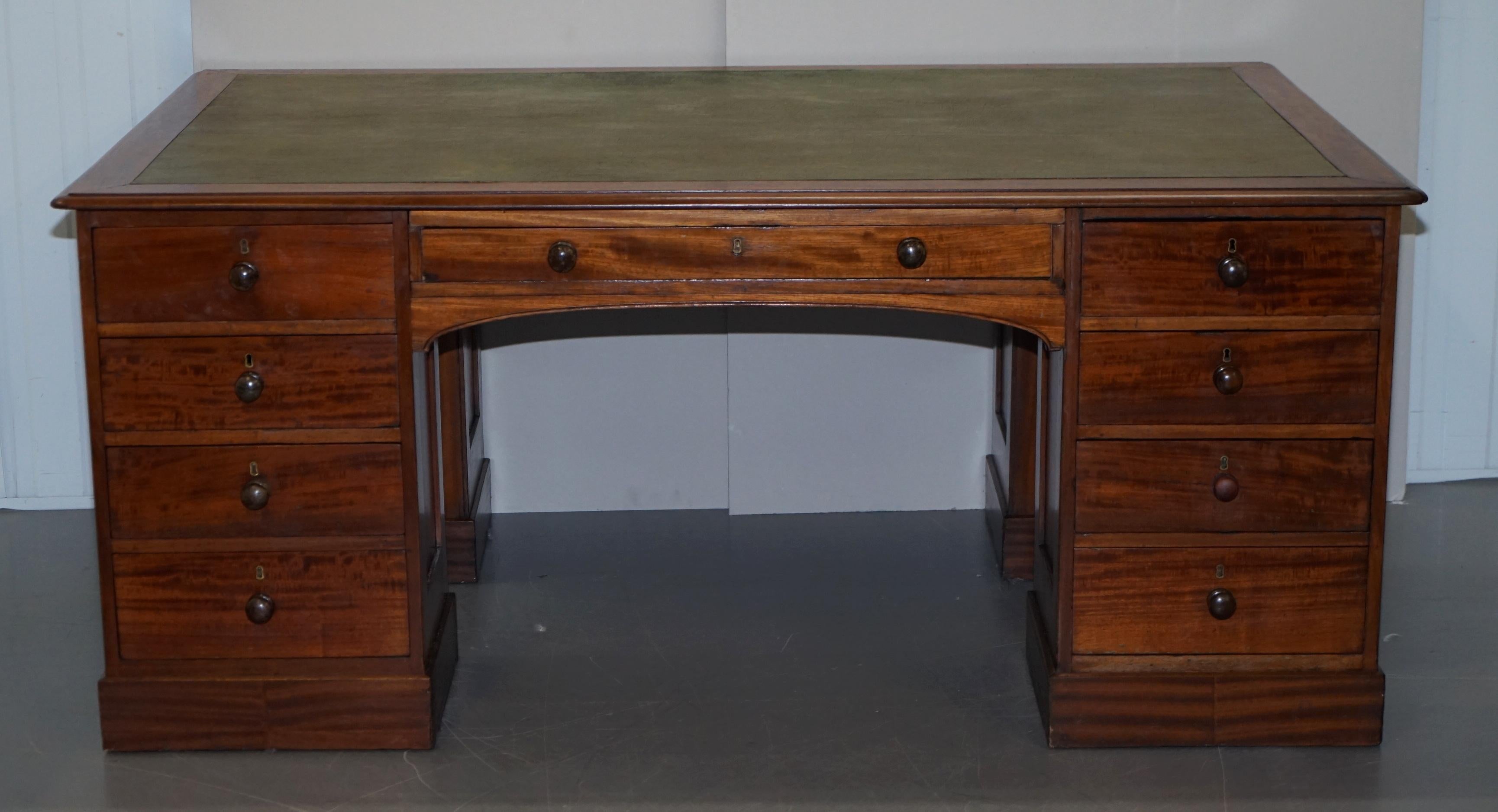 Rare Victorian Four-Sided Quad Pedestal Desk in Flamed Hardwood Green Leather For Sale 9
