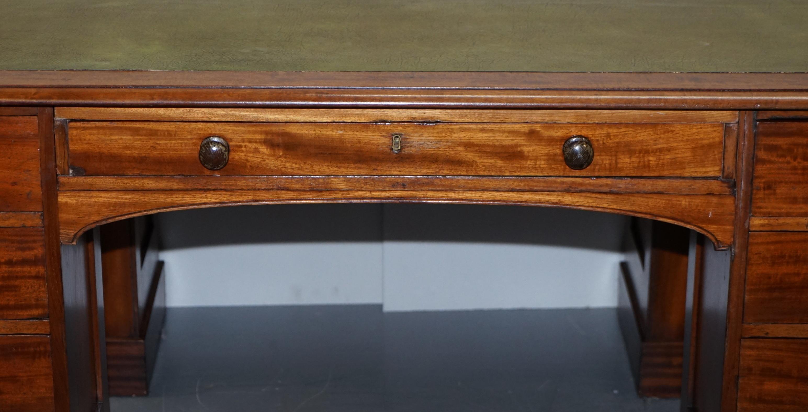 Rare Victorian Four-Sided Quad Pedestal Desk in Flamed Hardwood Green Leather For Sale 12