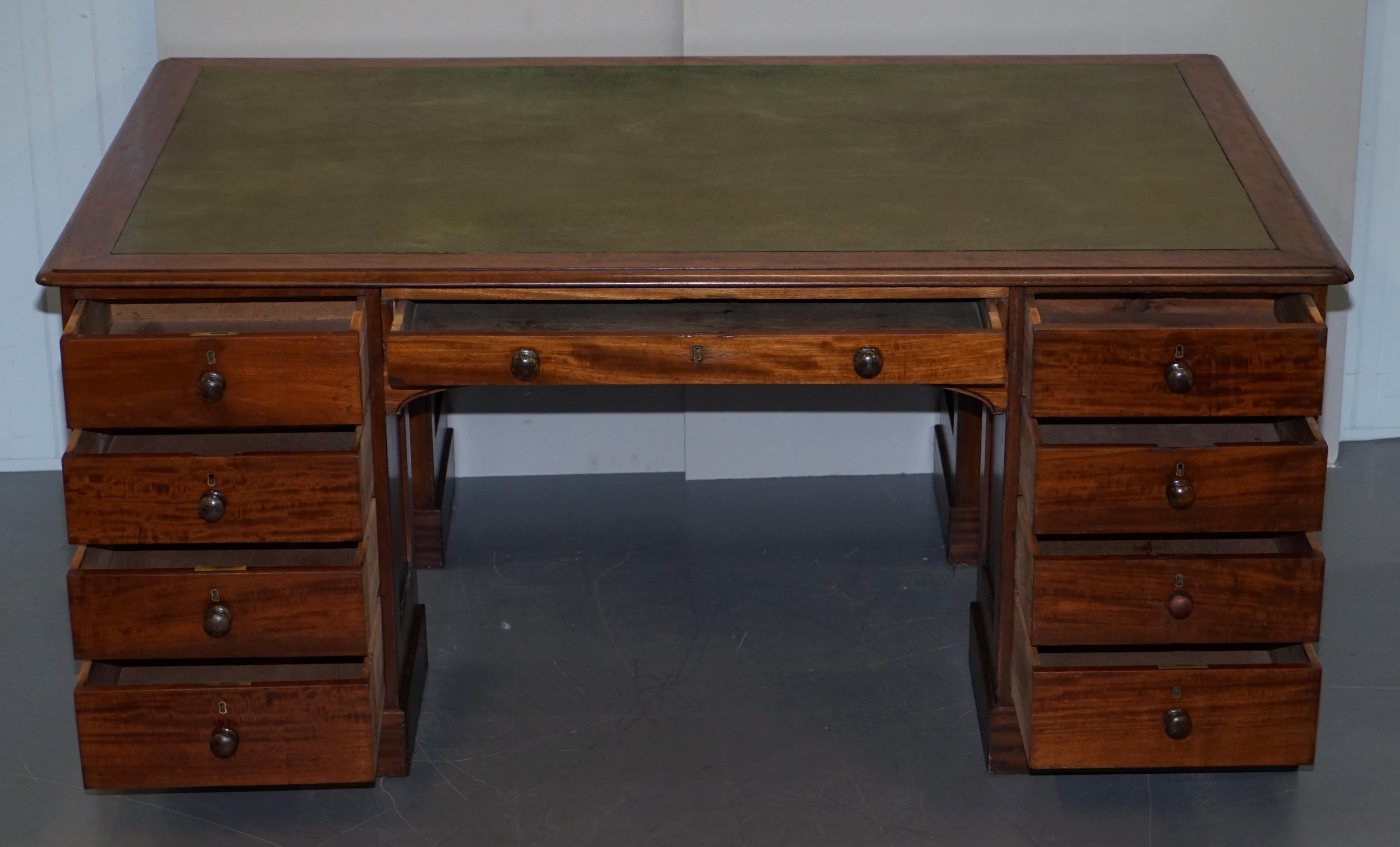 Rare Victorian Four-Sided Quad Pedestal Desk in Flamed Hardwood Green Leather For Sale 13
