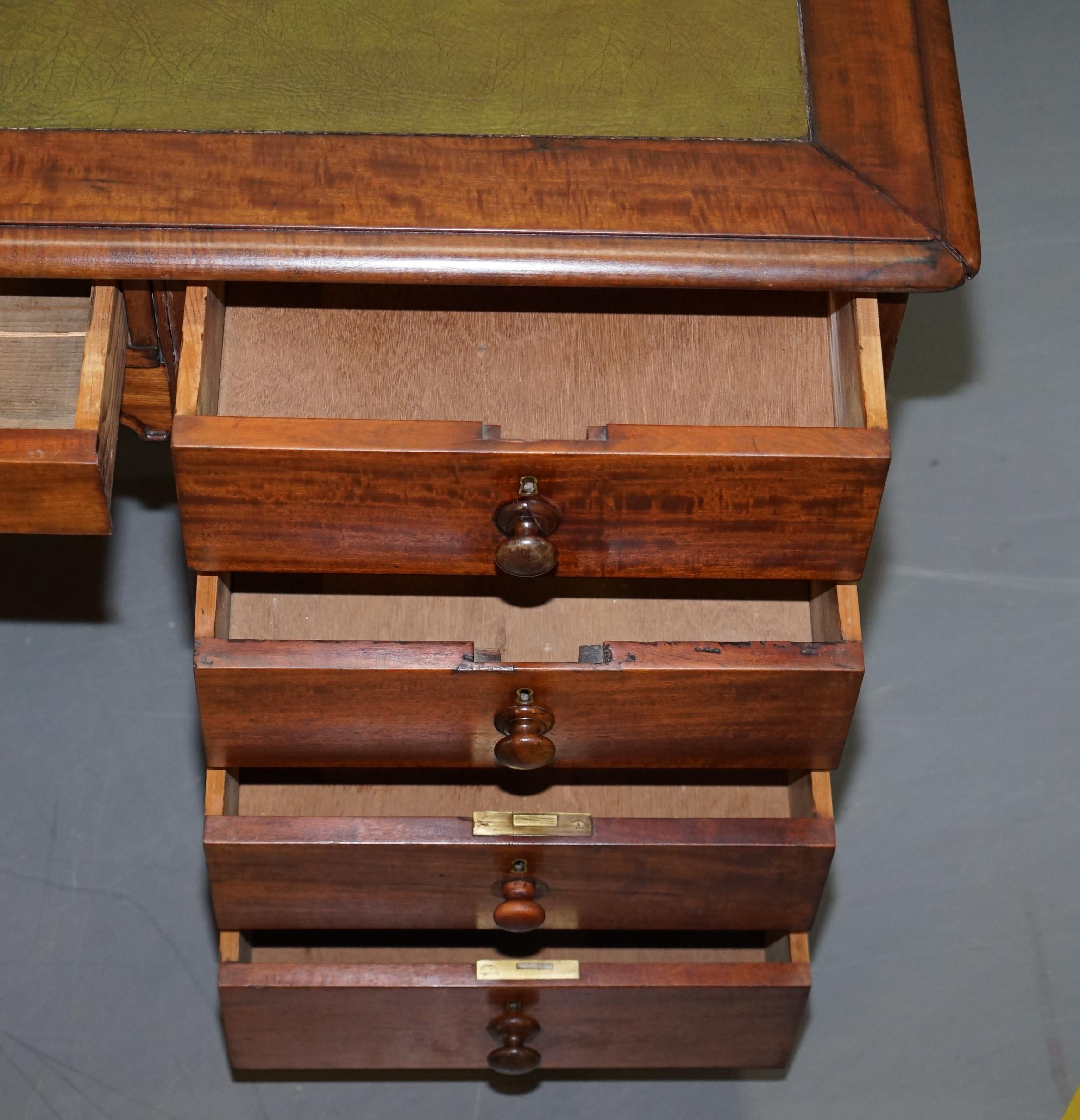 Rare Victorian Four-Sided Quad Pedestal Desk in Flamed Hardwood Green Leather For Sale 14