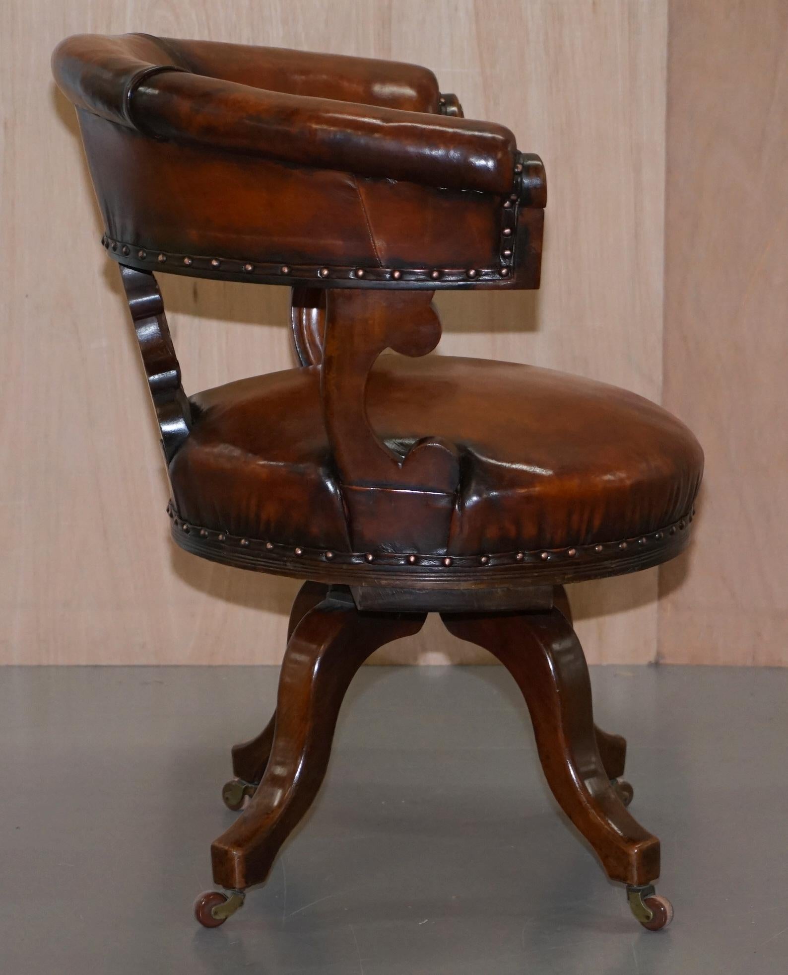Rare Victorian Fully Restored Brown Leather Ships Captains Swivel Office Chair 6
