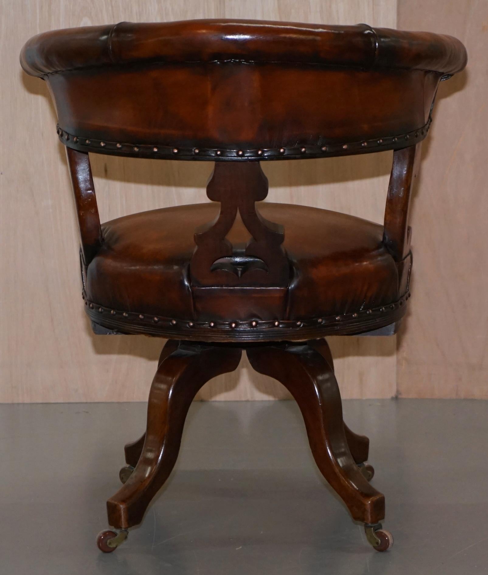 Rare Victorian Fully Restored Brown Leather Ships Captains Swivel Office Chair 6