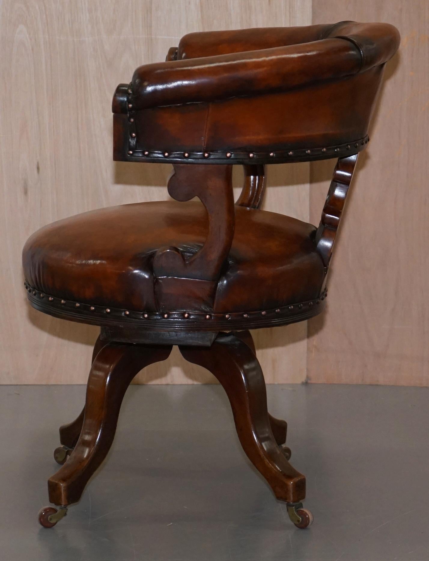 Rare Victorian Fully Restored Brown Leather Ships Captains Swivel Office Chair 9