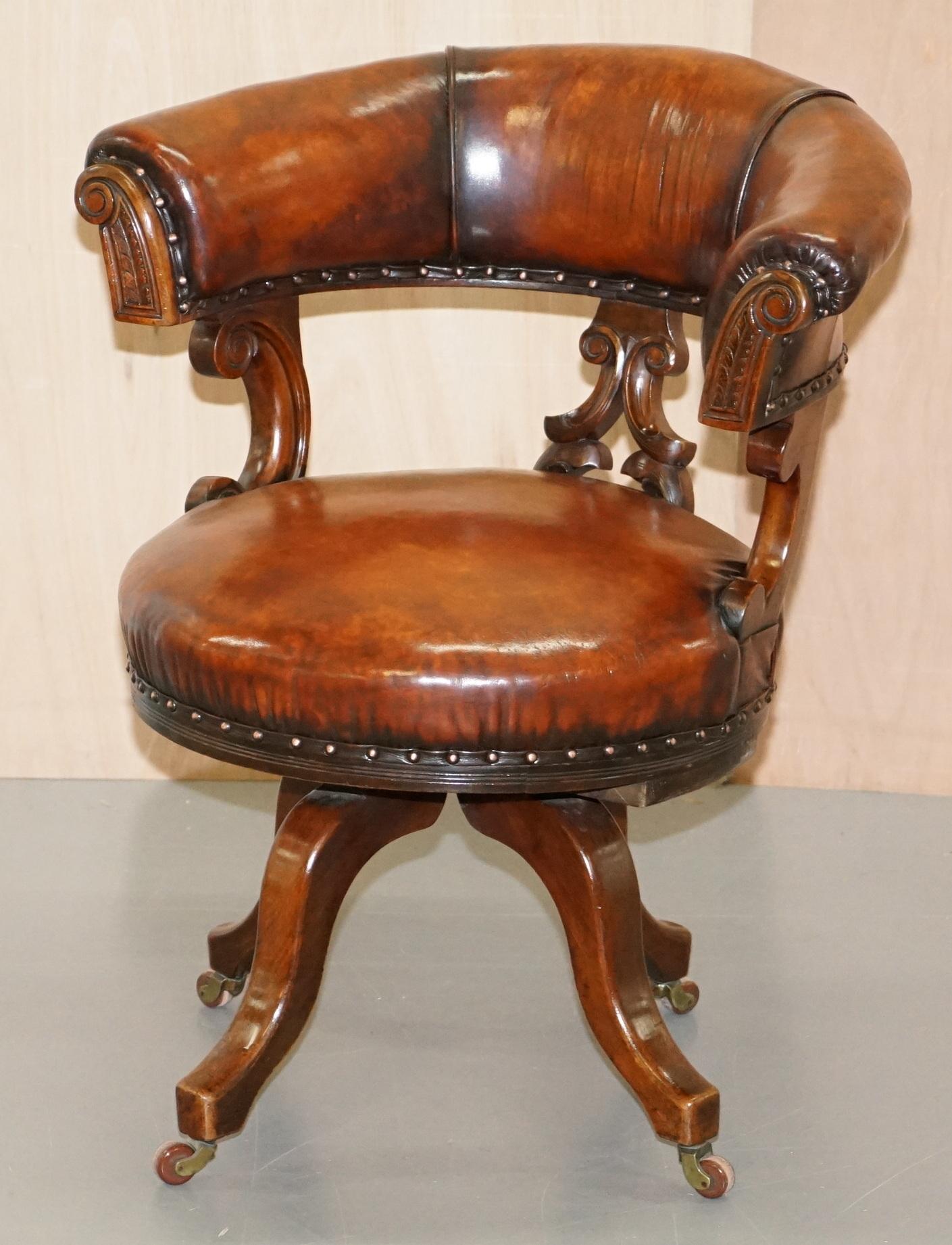 We are delighted to offer for sale this absolutely stunning fully restored hand dyed aged brown leather early Victorian ships captains chair

This chair is just about as fine as you find anywhere, it has been reupholstered with premium natural