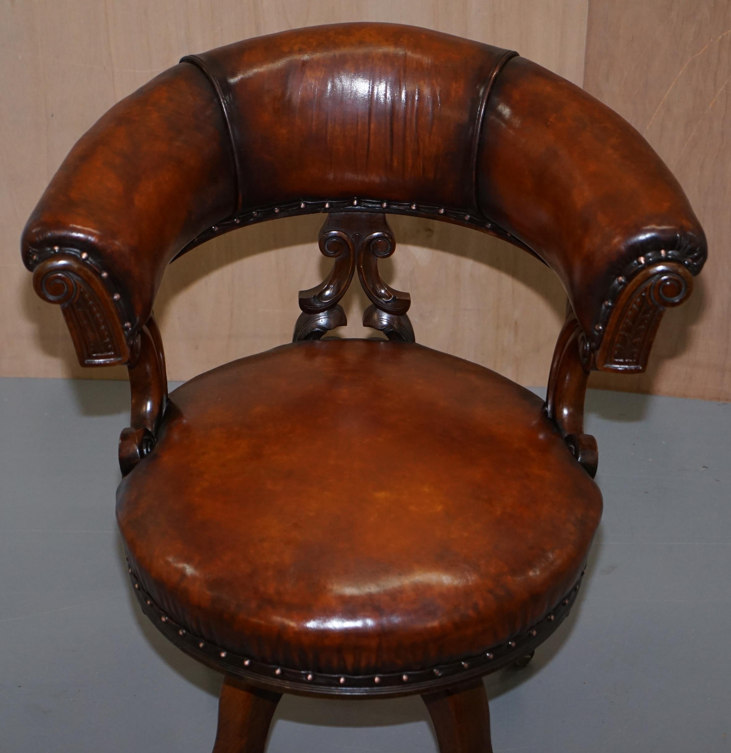 English Rare Victorian Fully Restored Brown Leather Ships Captains Swivel Office Chair