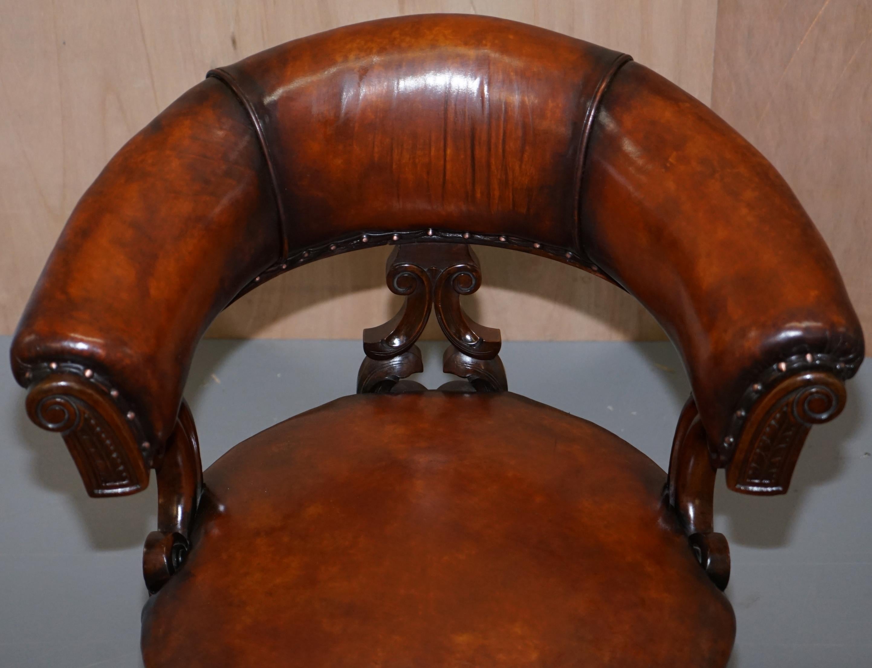 Hand-Crafted Rare Victorian Fully Restored Brown Leather Ships Captains Swivel Office Chair