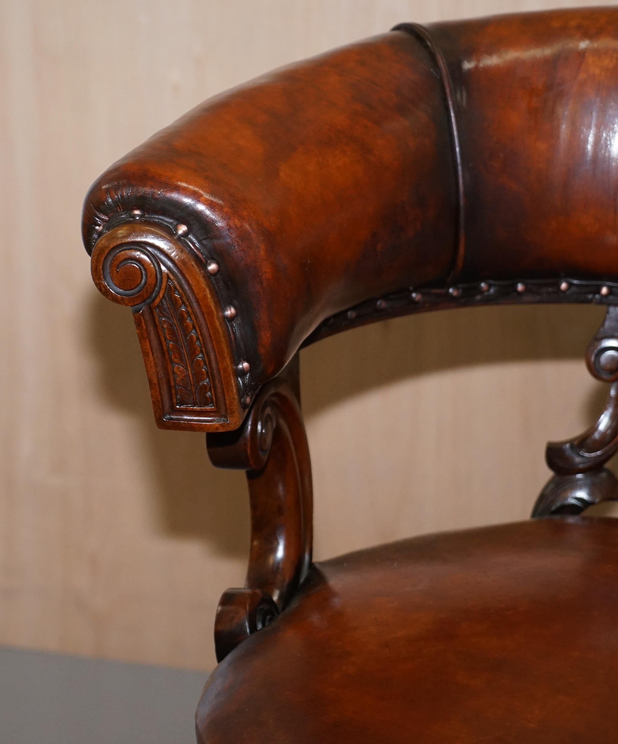 19th Century Rare Victorian Fully Restored Brown Leather Ships Captains Swivel Office Chair