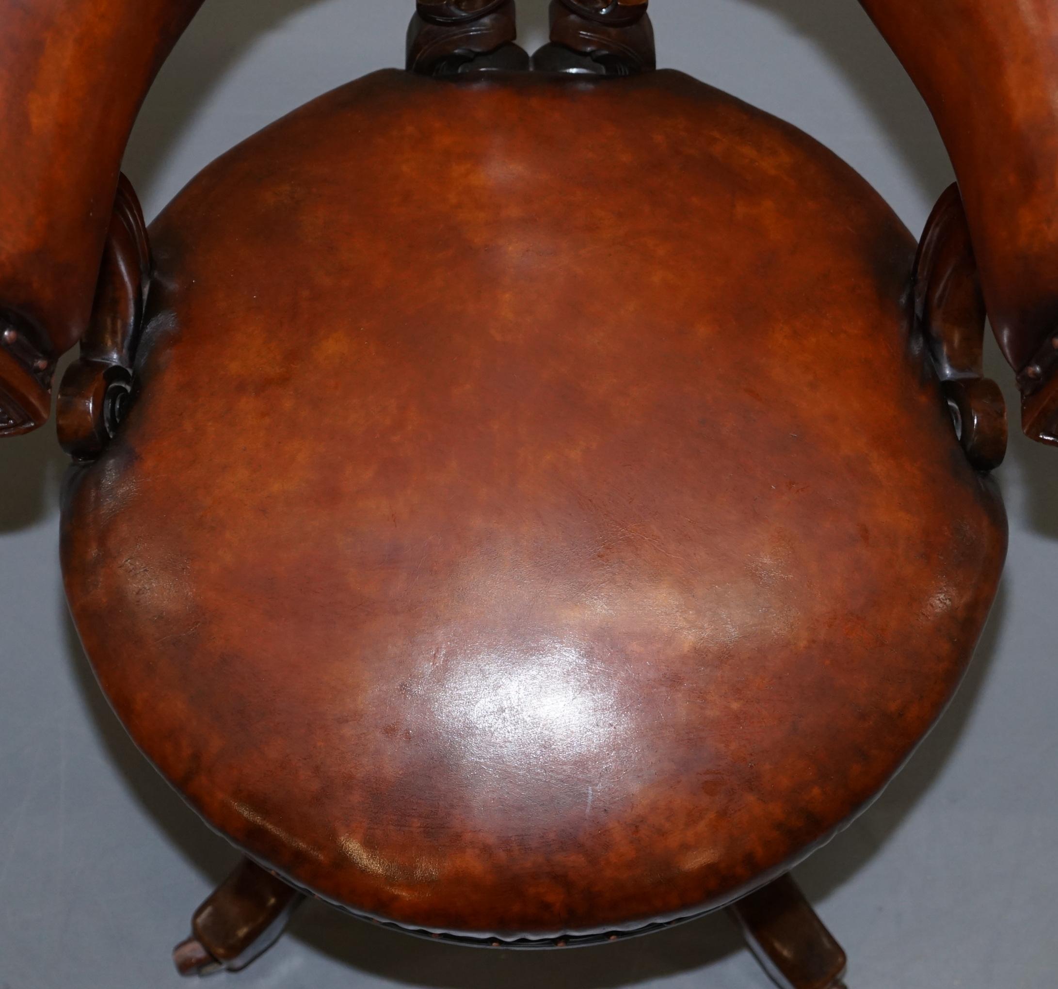 Rare Victorian Fully Restored Brown Leather Ships Captains Swivel Office Chair 3