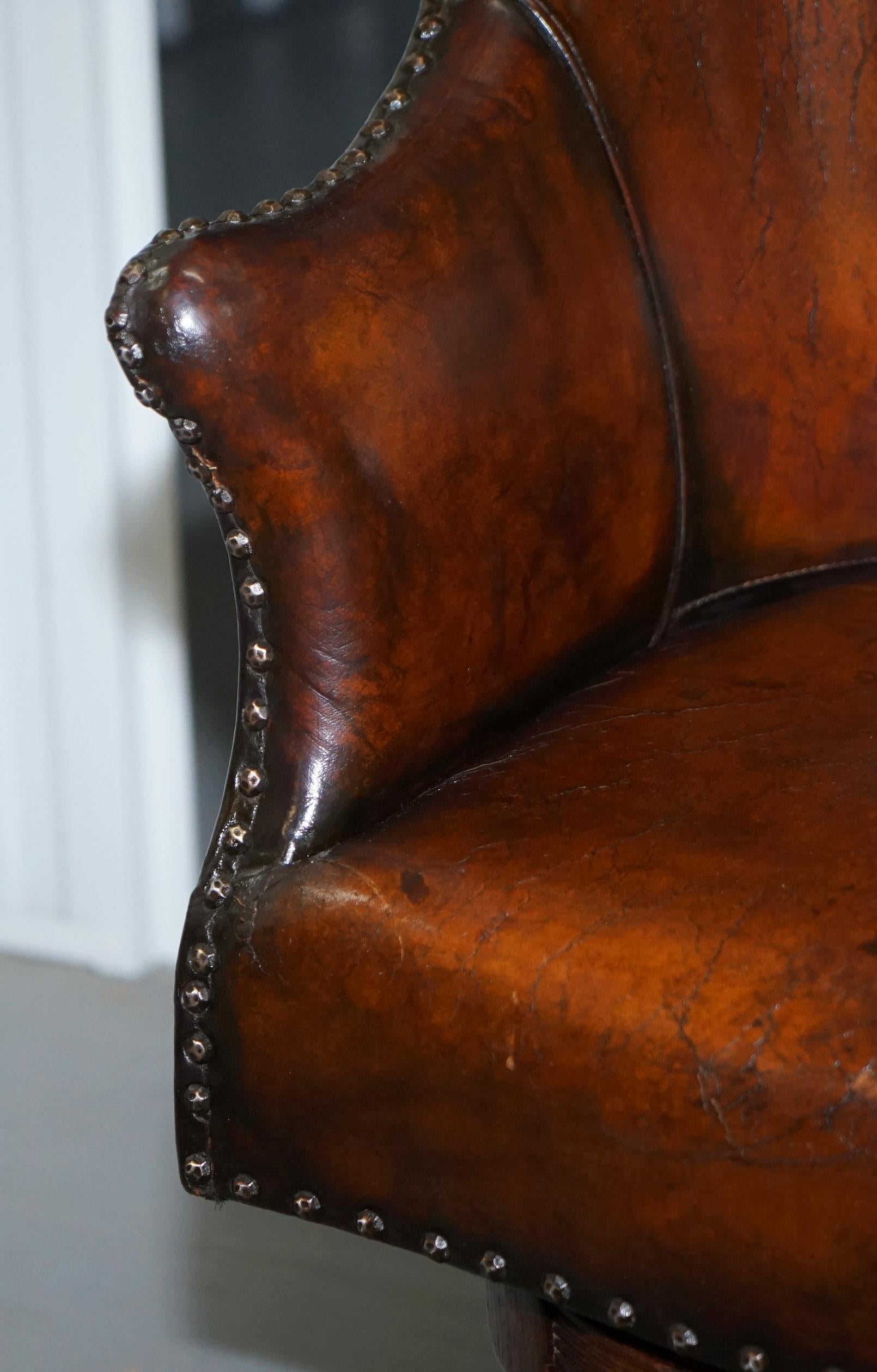 Rare Victorian Hampton & Son's Stamped Hand Dyed Brown Leather Captains Chair 5