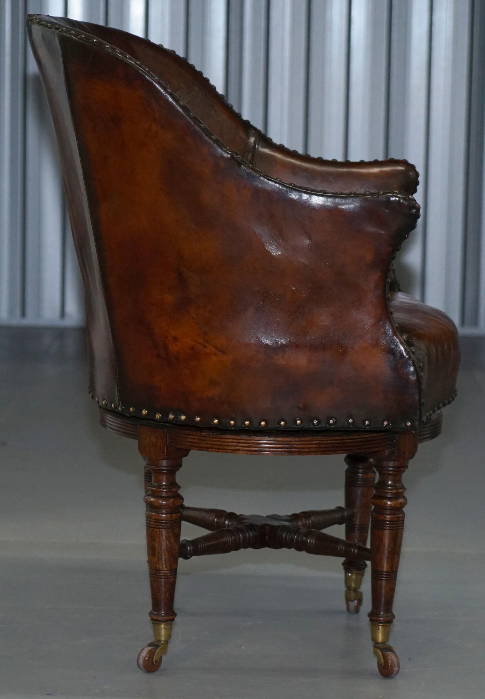 Rare Victorian Hampton & Son's Stamped Hand Dyed Brown Leather Captains Chair 10