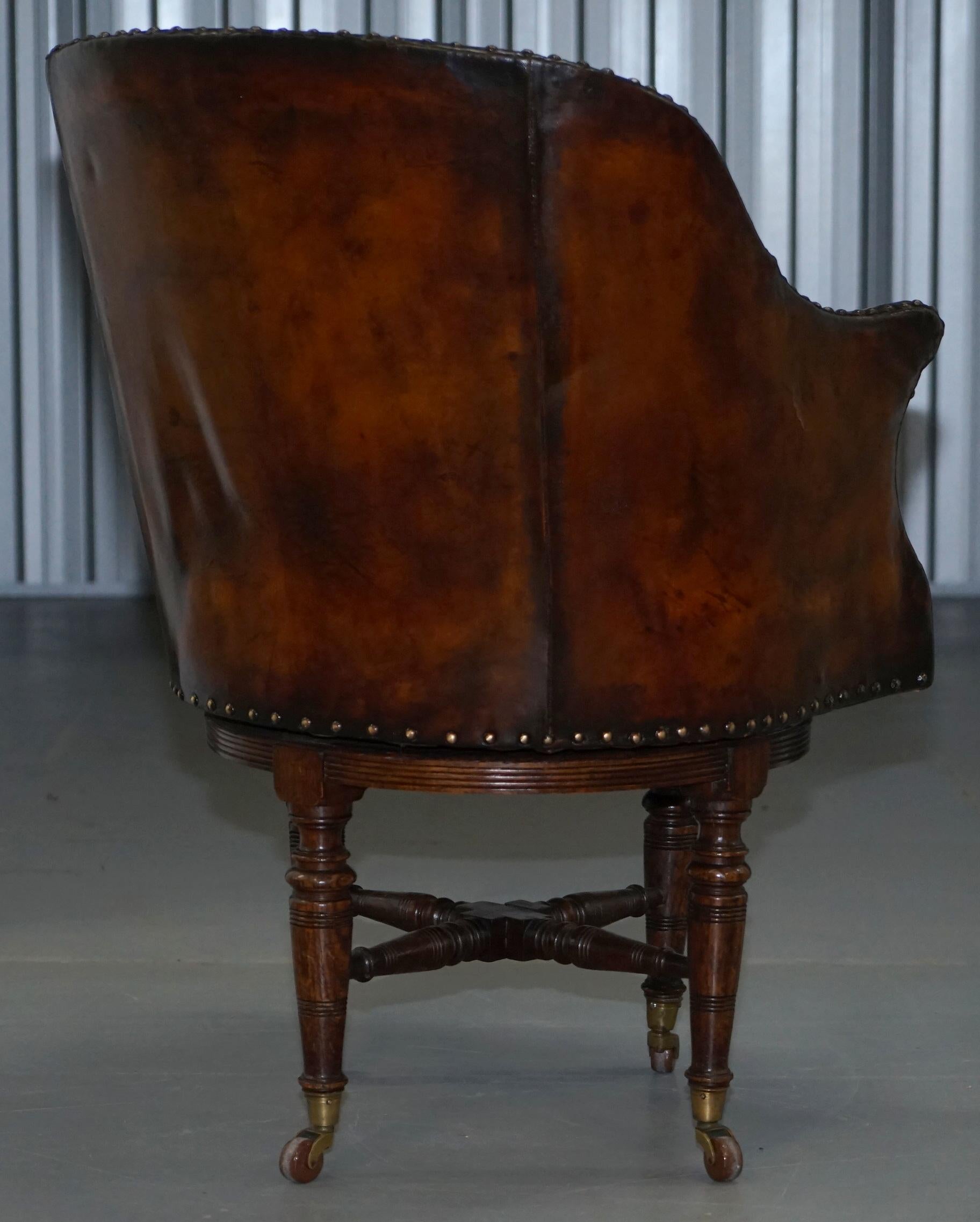 Rare Victorian Hampton & Son's Stamped Hand Dyed Brown Leather Captains Chair 11