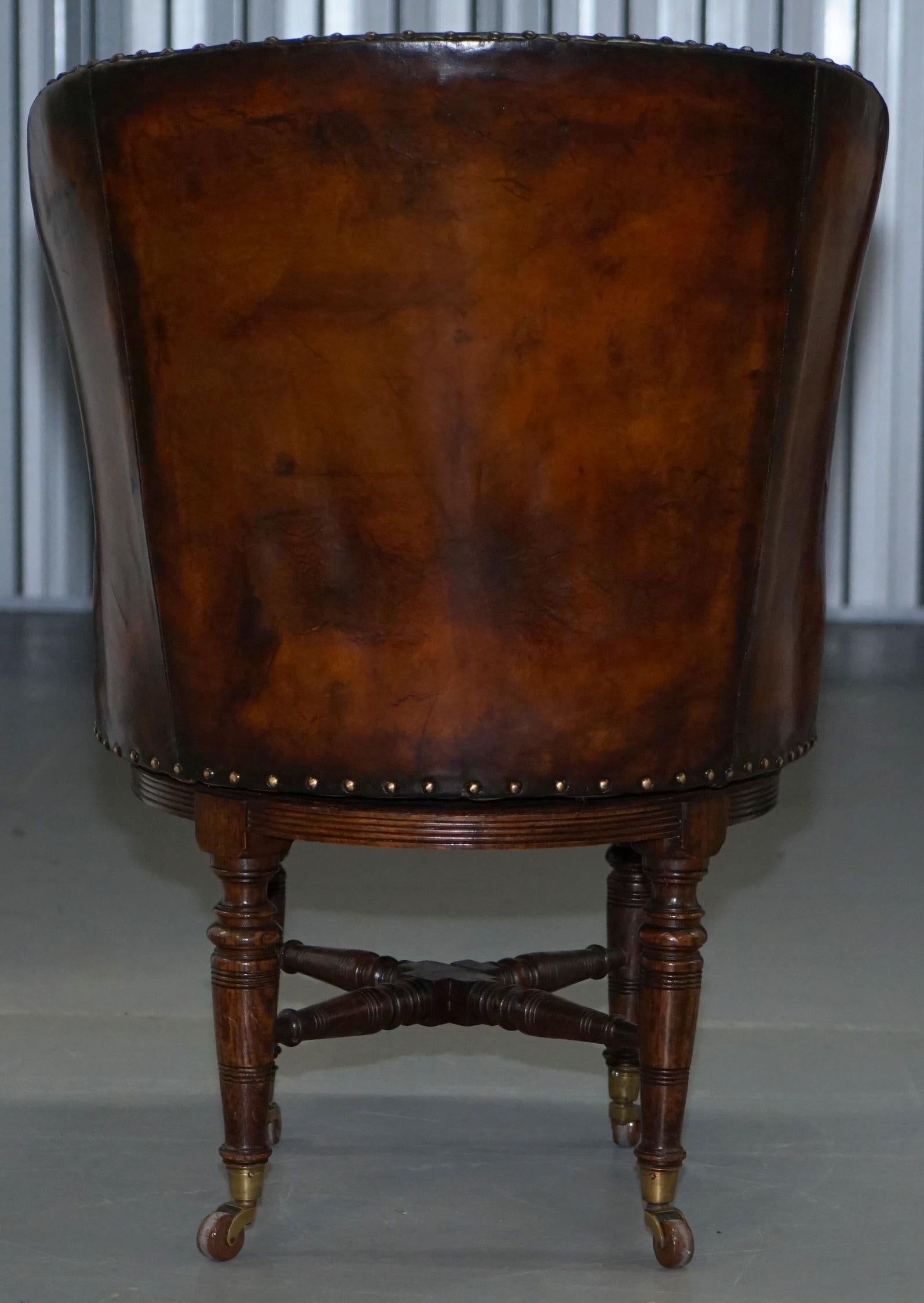 Rare Victorian Hampton & Son's Stamped Hand Dyed Brown Leather Captains Chair 12