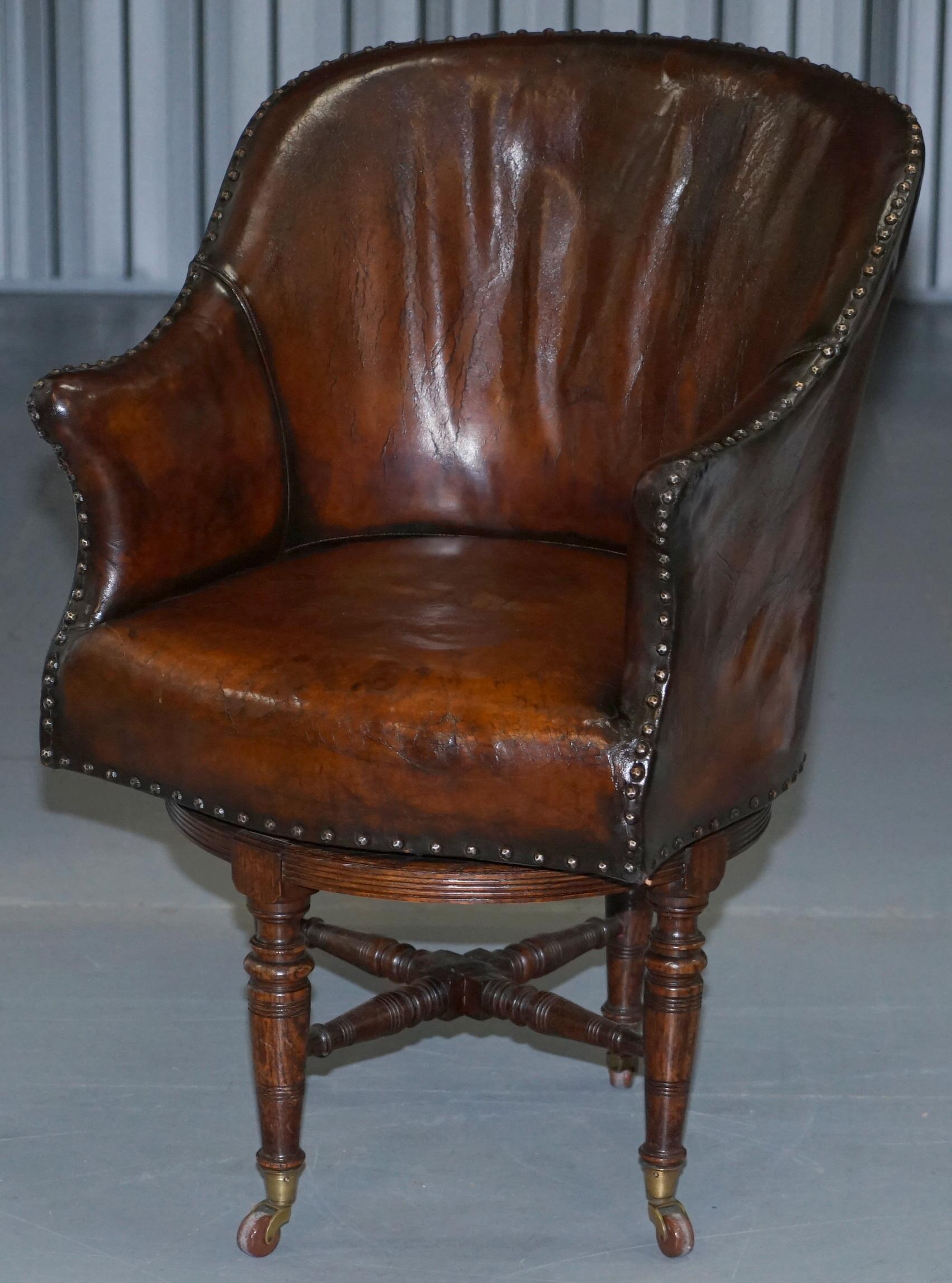 English Rare Victorian Hampton & Son's Stamped Hand Dyed Brown Leather Captains Chair