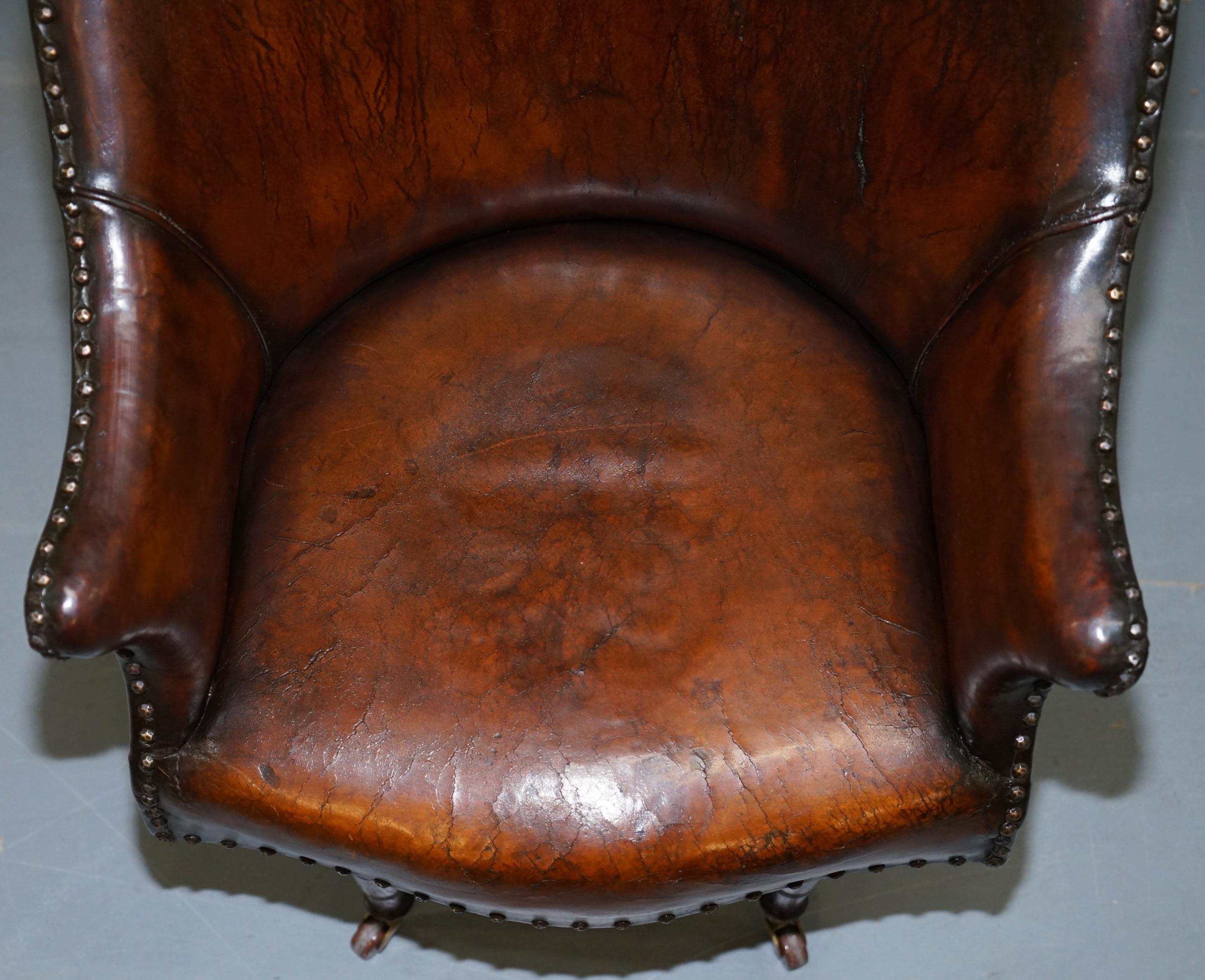 Hand-Crafted Rare Victorian Hampton & Son's Stamped Hand Dyed Brown Leather Captains Chair