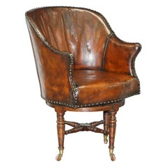 Rare Victorian Hampton & Son's Stamped Hand Dyed Brown Leather Captains Chair
