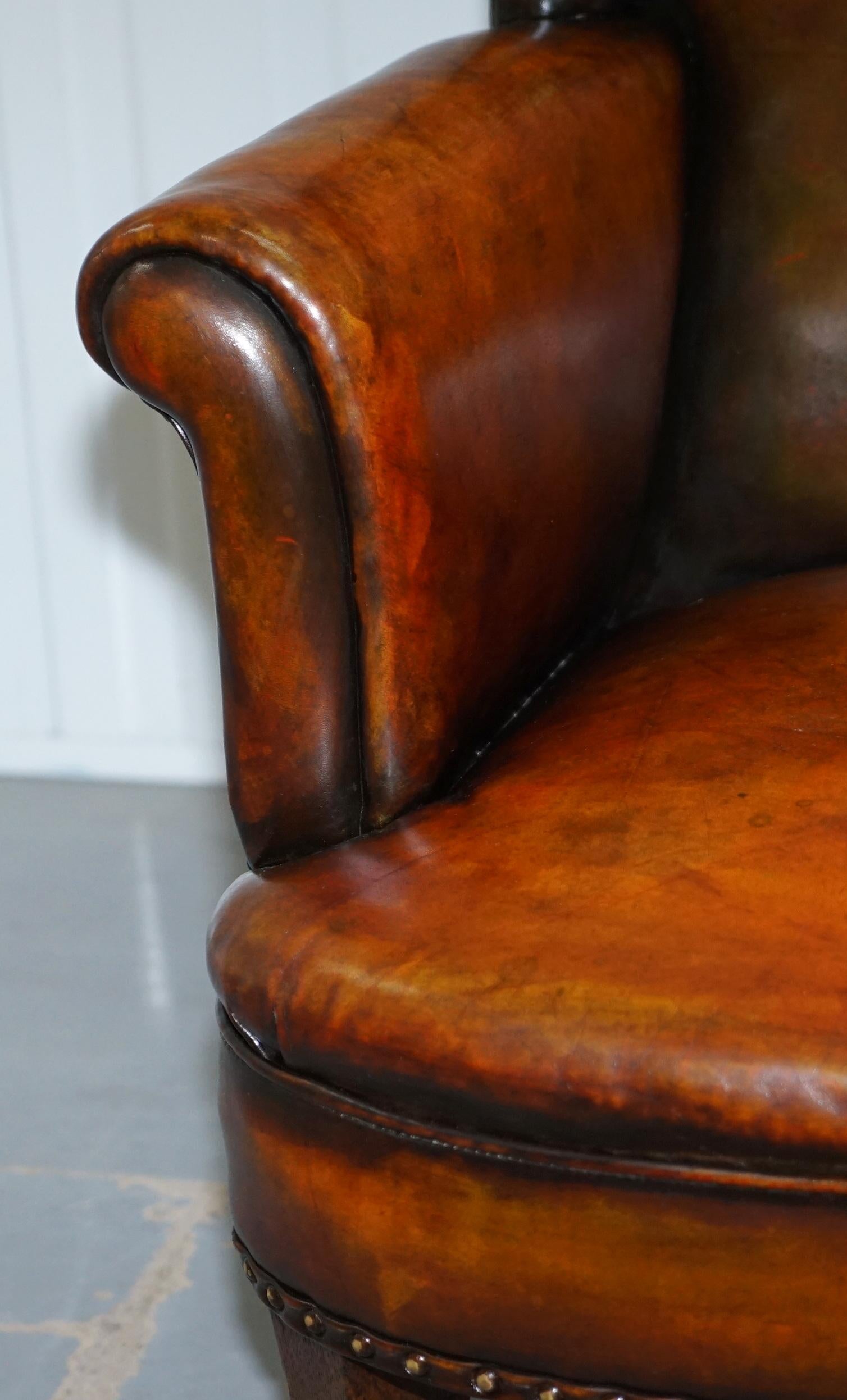 Rare Victorian Hampton & Son's Stamped Wingback Hand Dyed Brown Leather Armchair 3