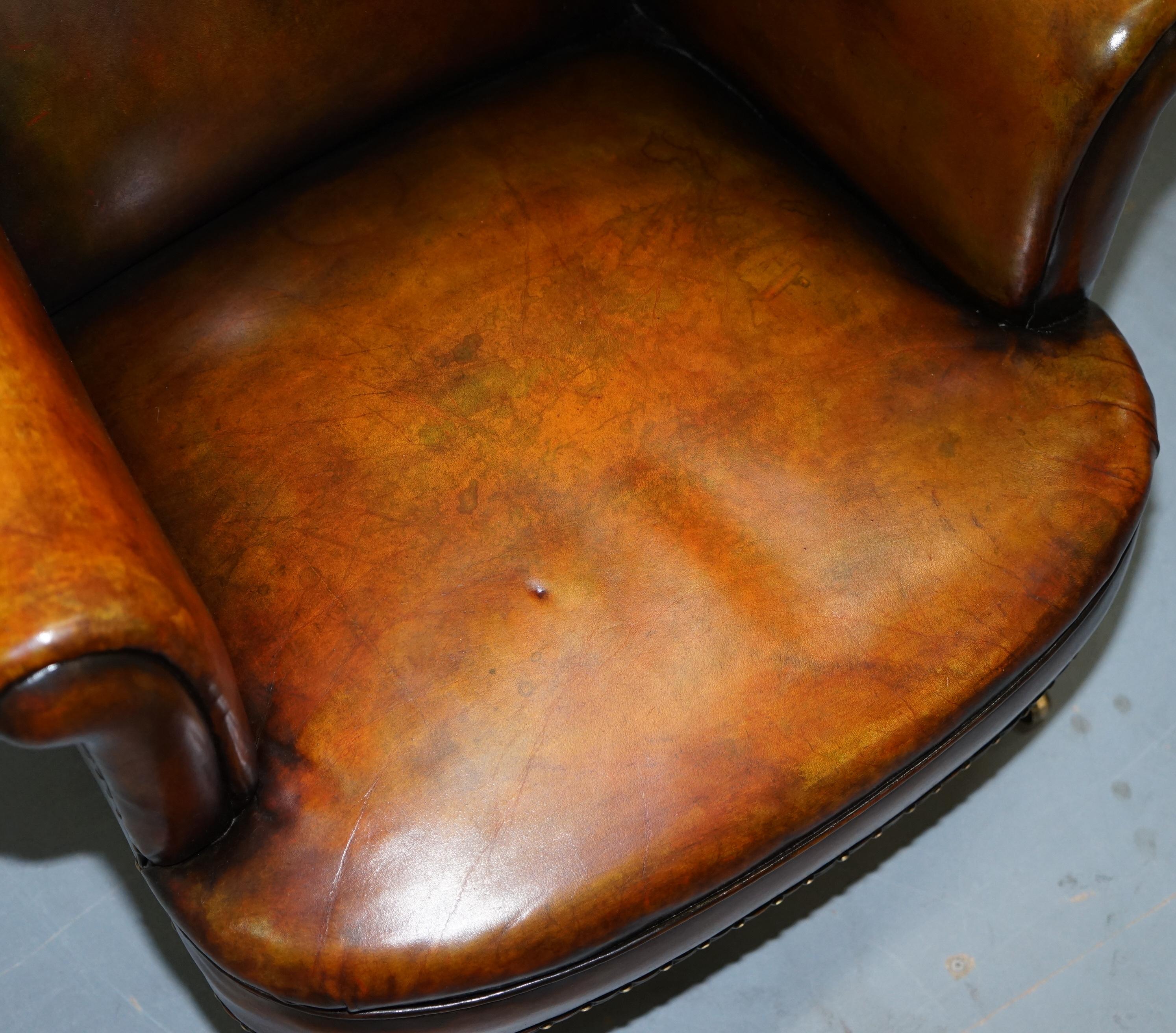 Rare Victorian Hampton & Son's Stamped Wingback Hand Dyed Brown Leather Armchair 4