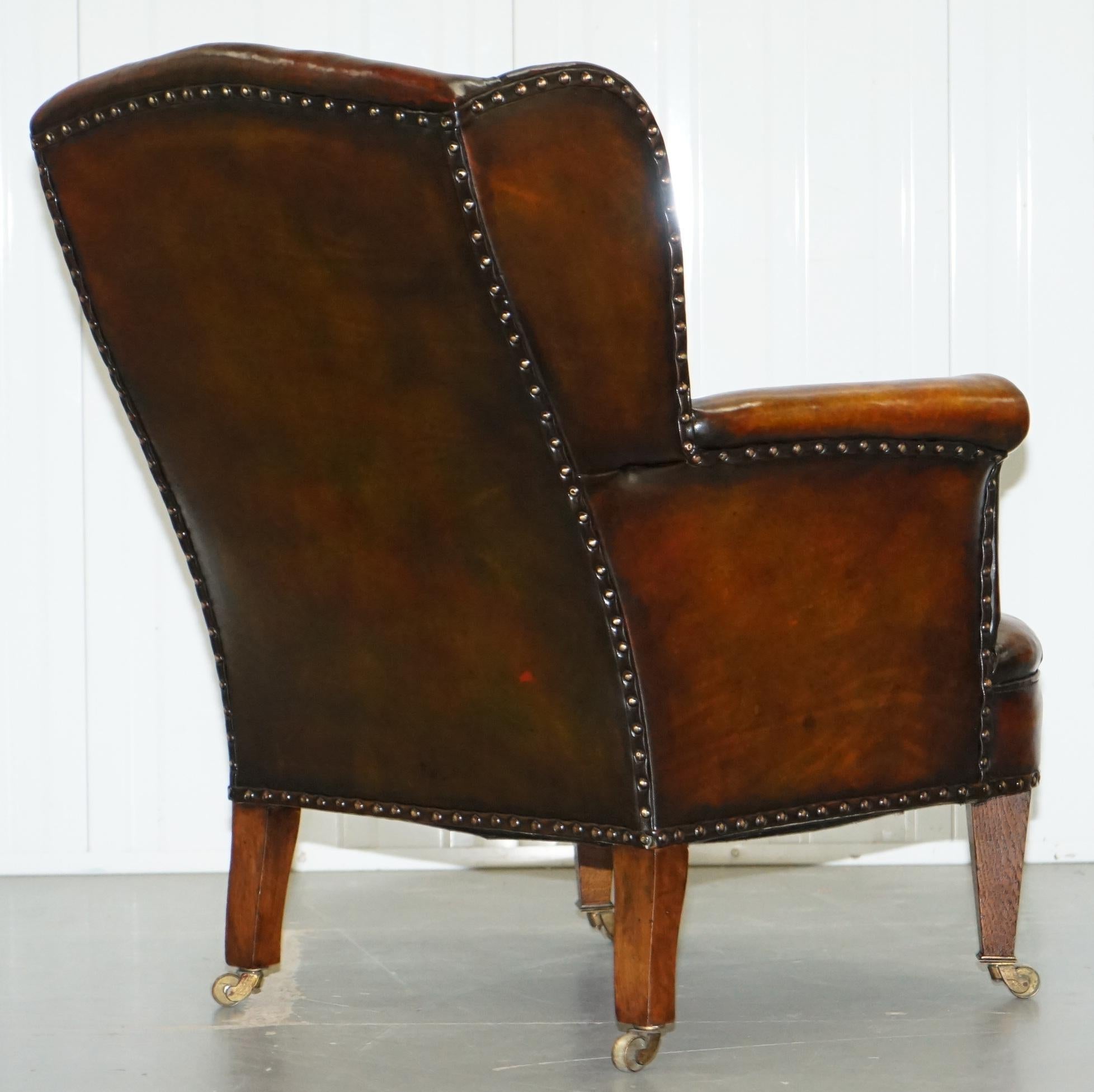 Rare Victorian Hampton & Son's Stamped Wingback Hand Dyed Brown Leather Armchair 7