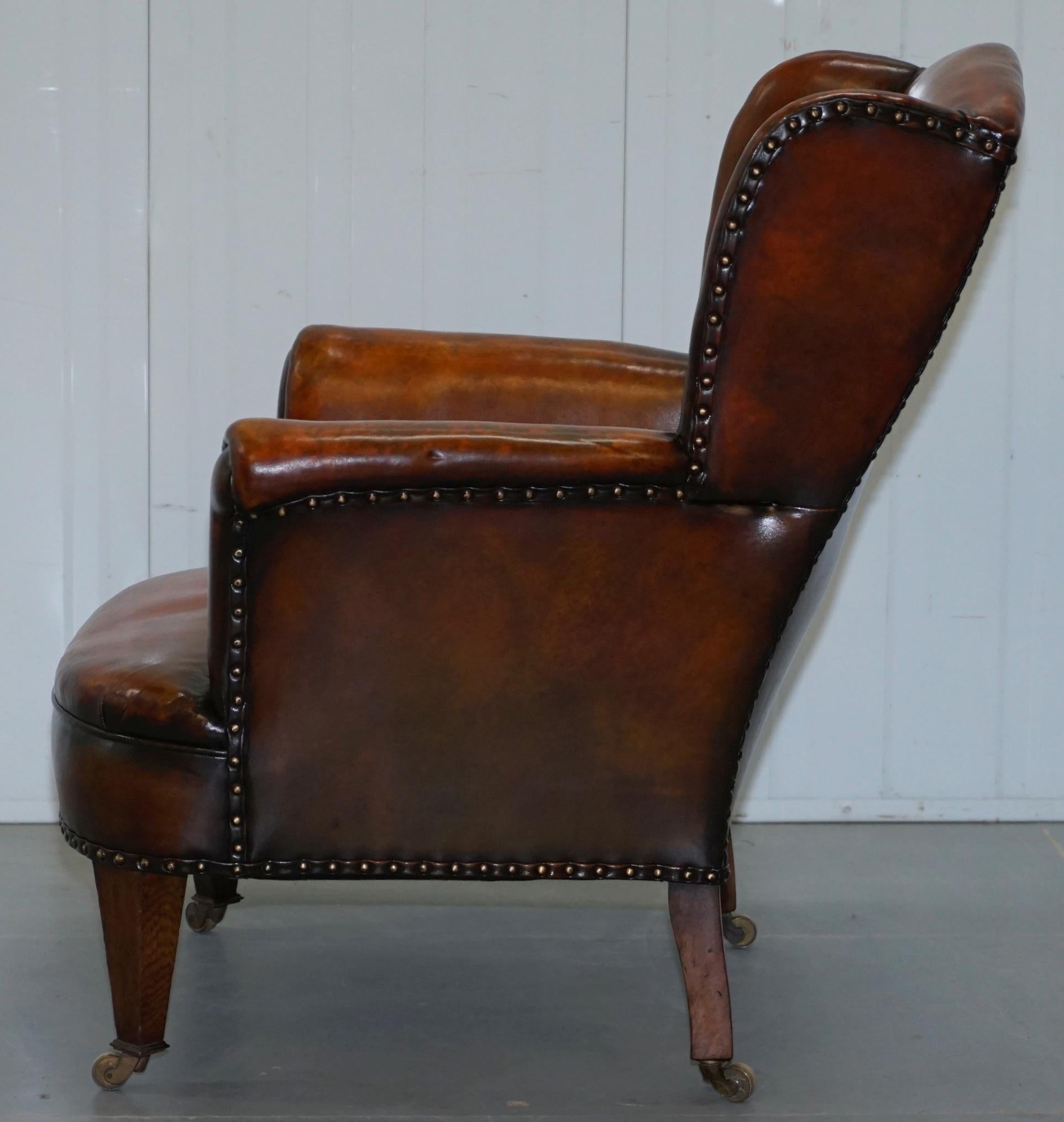 Rare Victorian Hampton & Son's Stamped Wingback Hand Dyed Brown Leather Armchair 10