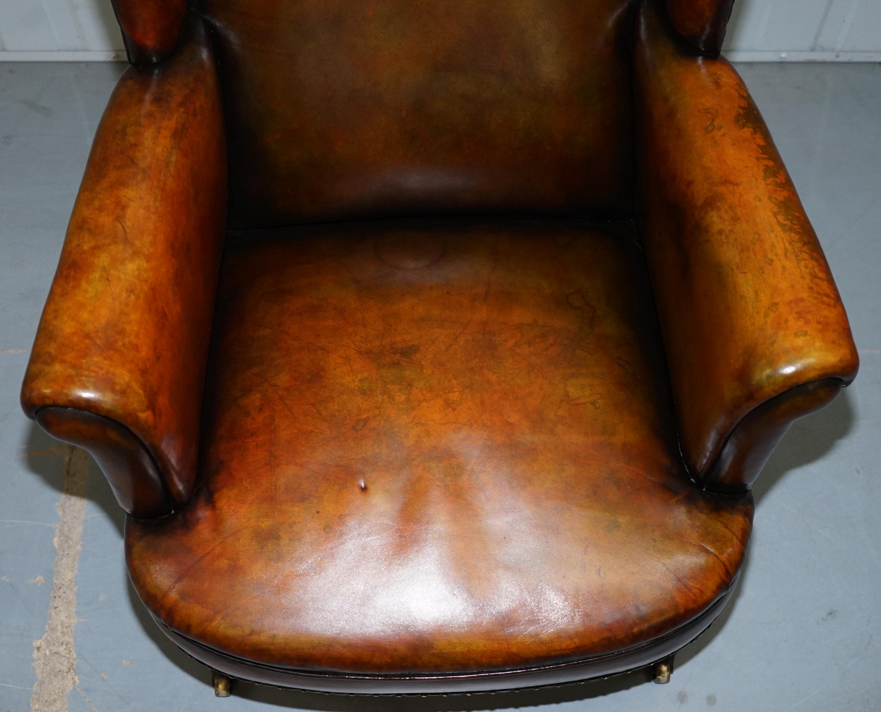 English Rare Victorian Hampton & Son's Stamped Wingback Hand Dyed Brown Leather Armchair