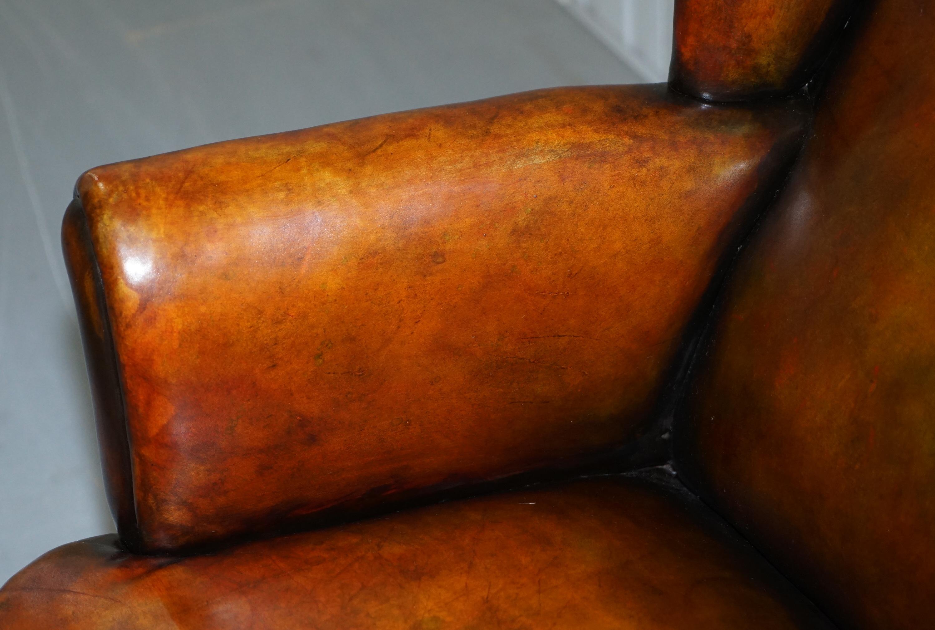 Hand-Crafted Rare Victorian Hampton & Son's Stamped Wingback Hand Dyed Brown Leather Armchair