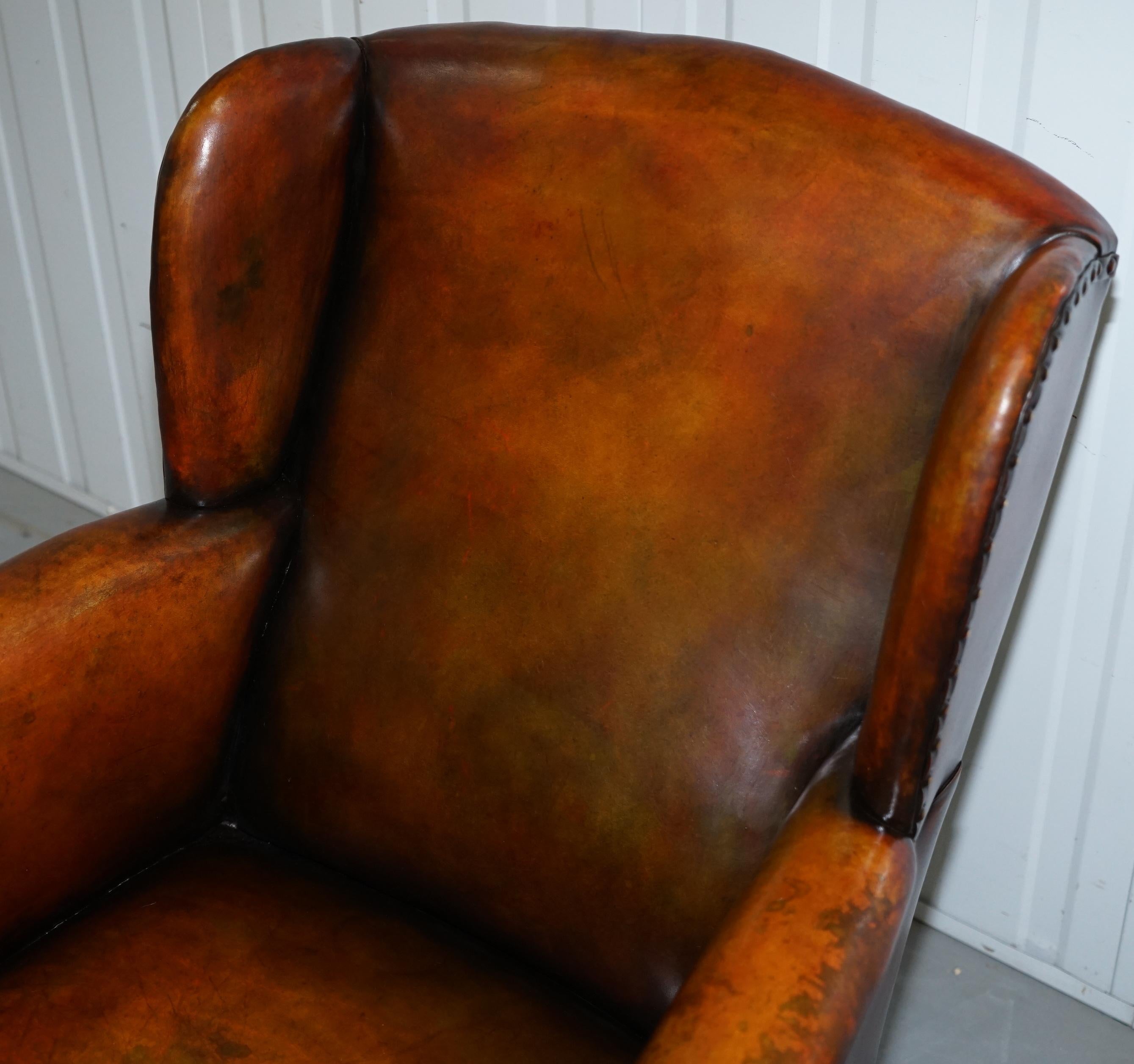 19th Century Rare Victorian Hampton & Son's Stamped Wingback Hand Dyed Brown Leather Armchair