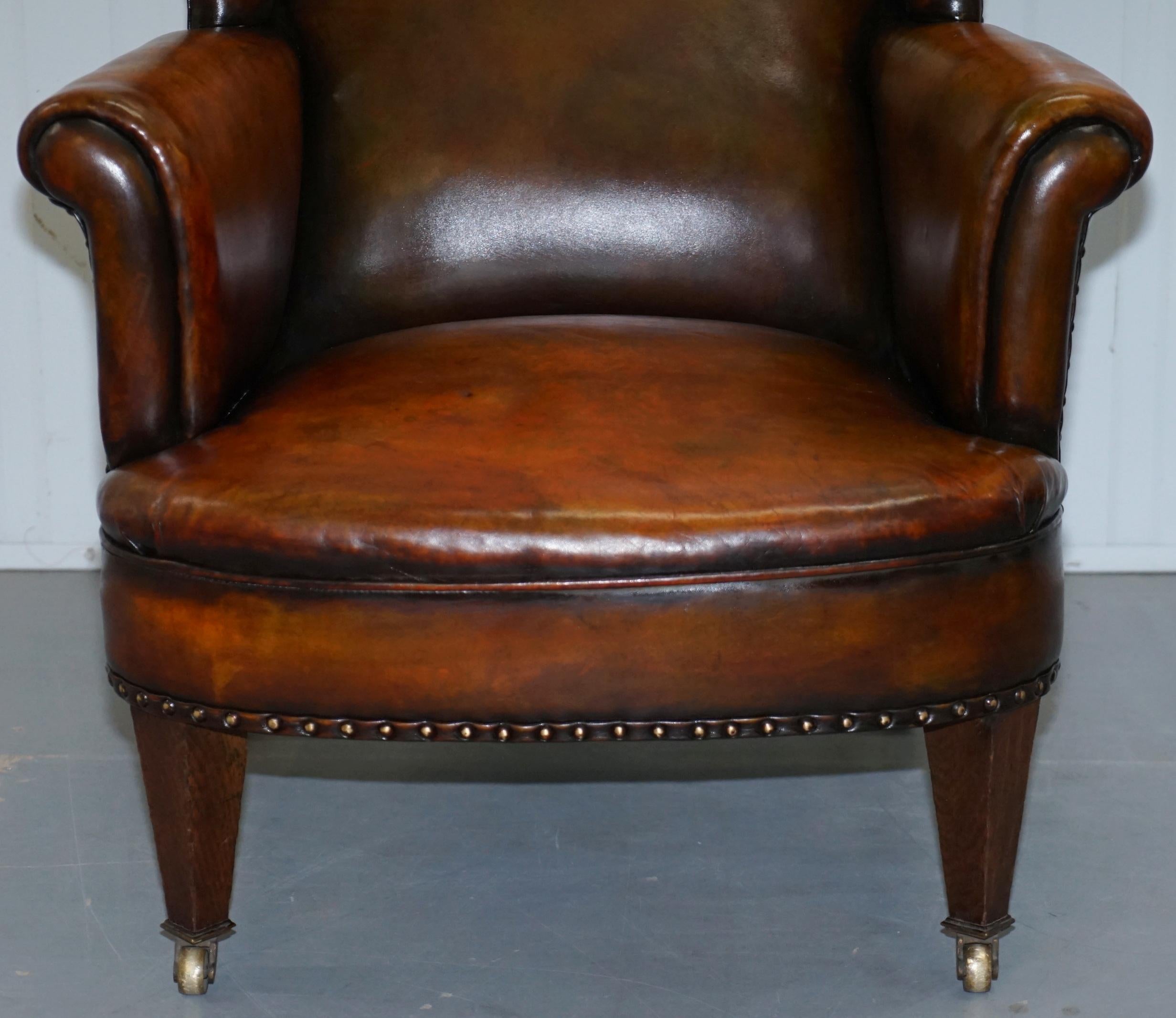 Rare Victorian Hampton & Son's Stamped Wingback Hand Dyed Brown Leather Armchair 2