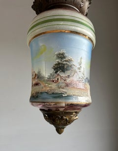 Raro ciondolo vittoriano a candela in vetro dipinto a mano con scena di casa sul lago