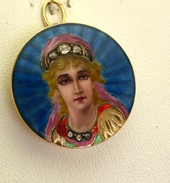 Victorian Hand Painted Portrait with Rose Cut Diamonds 14 Karat Pendant / Brooch