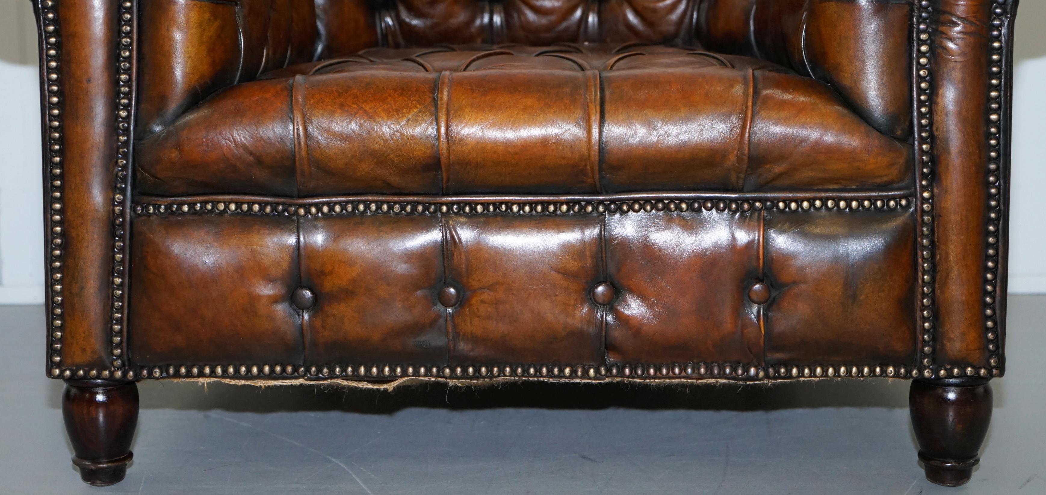 Rare Victorian Horse Hair Fully Restored Brown Leather Chesterfield Armchair 3