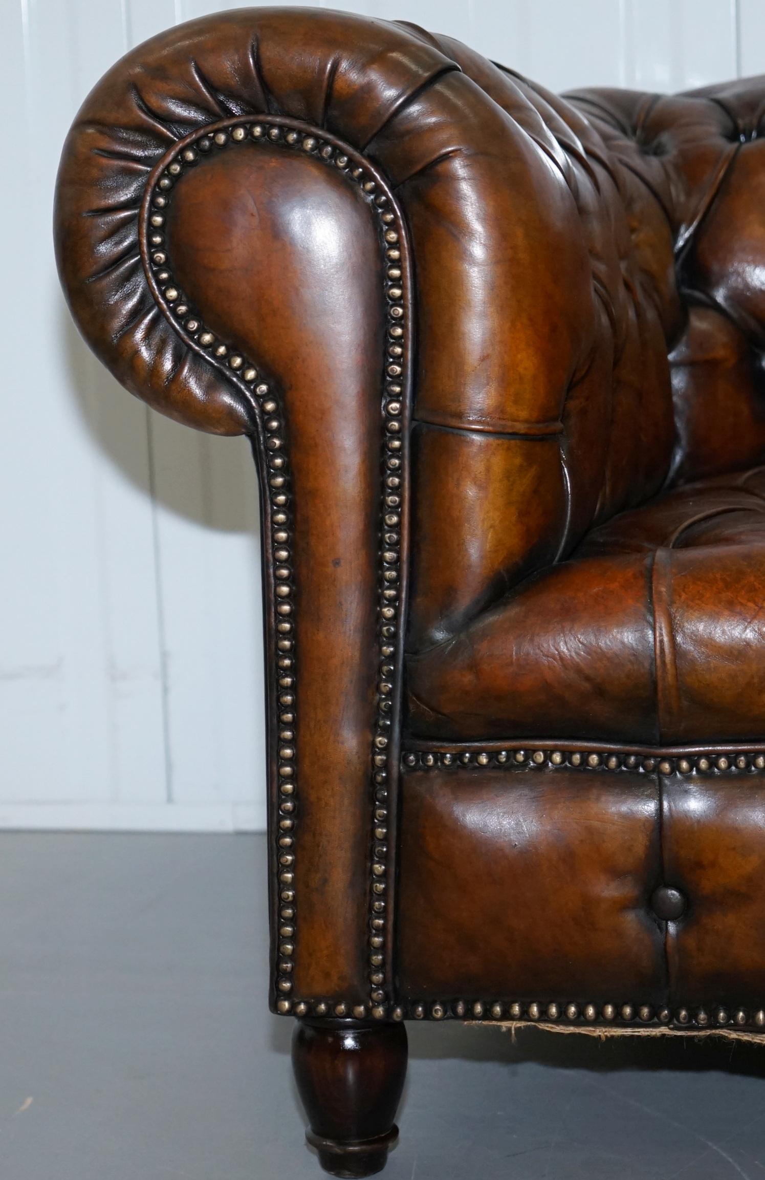 Rare Victorian Horse Hair Fully Restored Brown Leather Chesterfield Armchair 4