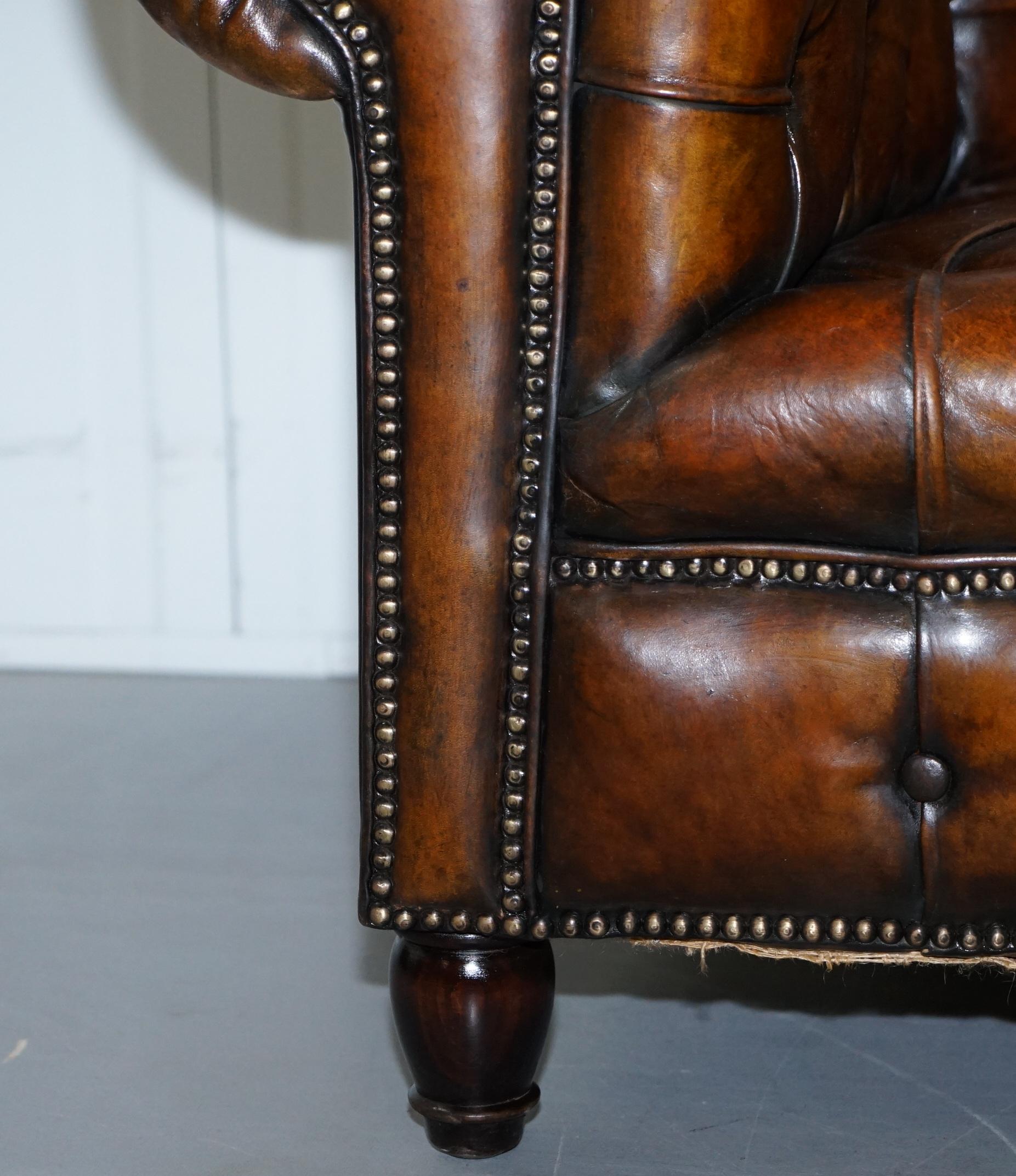 Rare Victorian Horse Hair Fully Restored Brown Leather Chesterfield Armchair 6