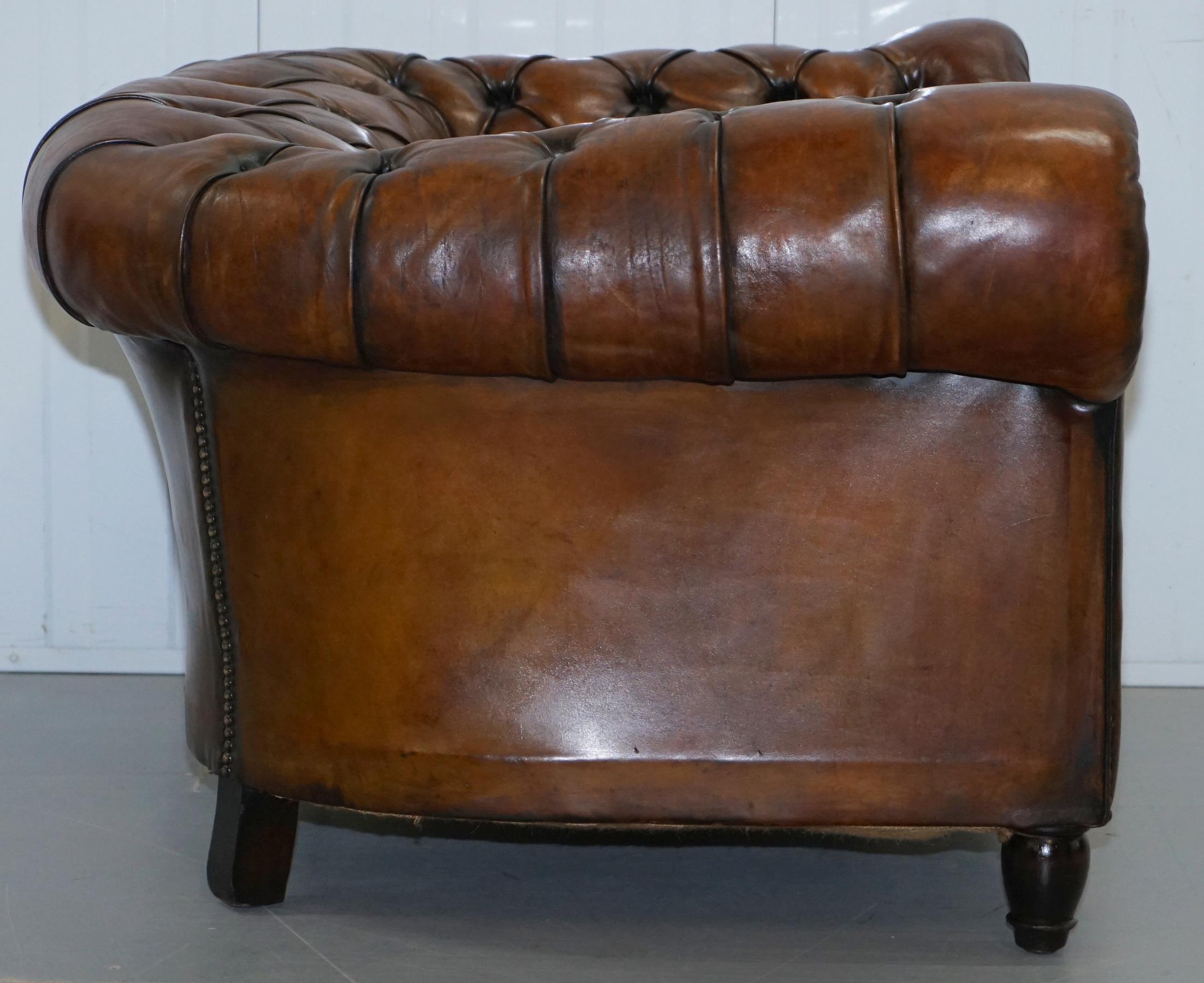 Rare Victorian Horse Hair Fully Restored Brown Leather Chesterfield Armchair 7