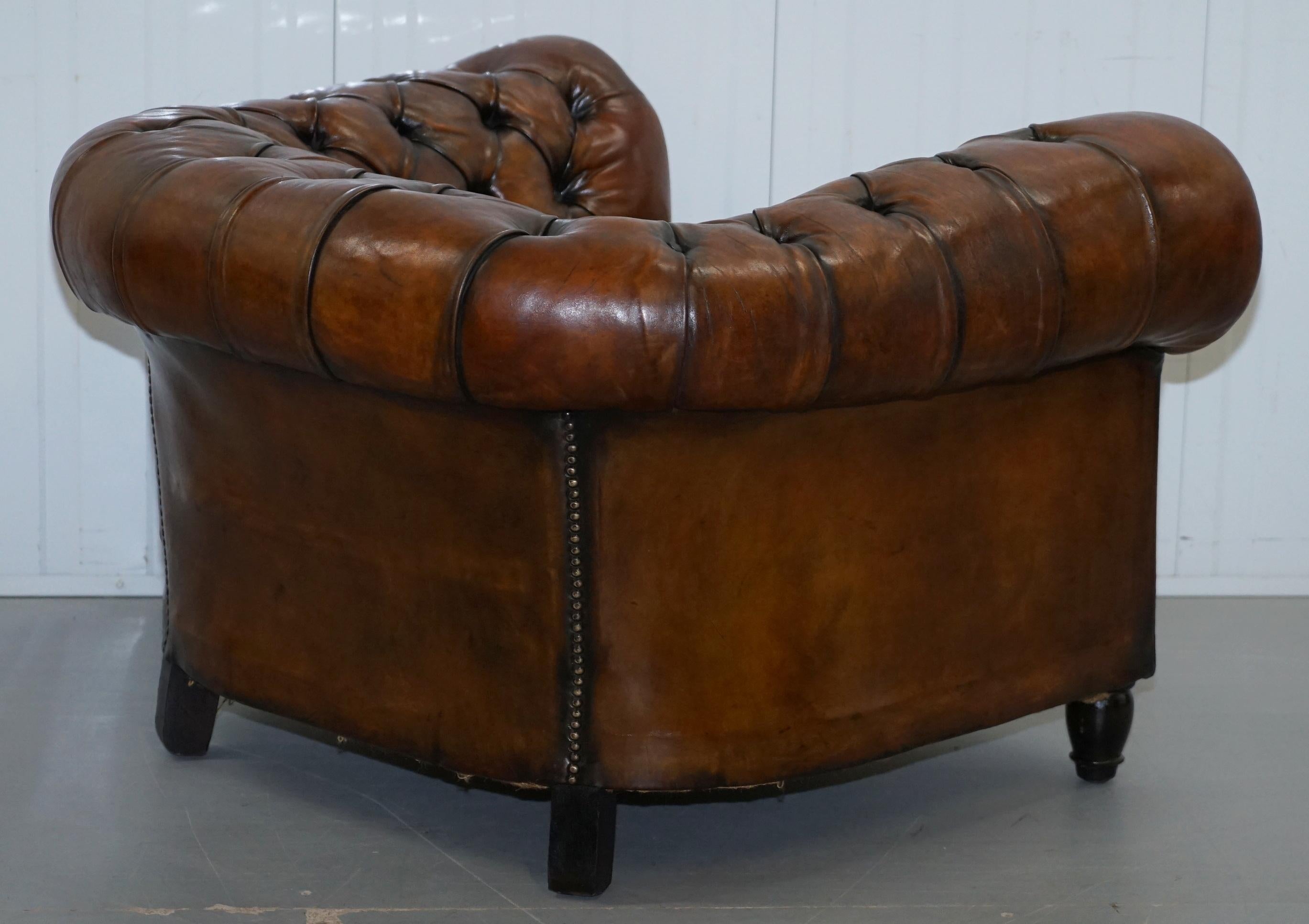 Rare Victorian Horse Hair Fully Restored Brown Leather Chesterfield Armchair 8