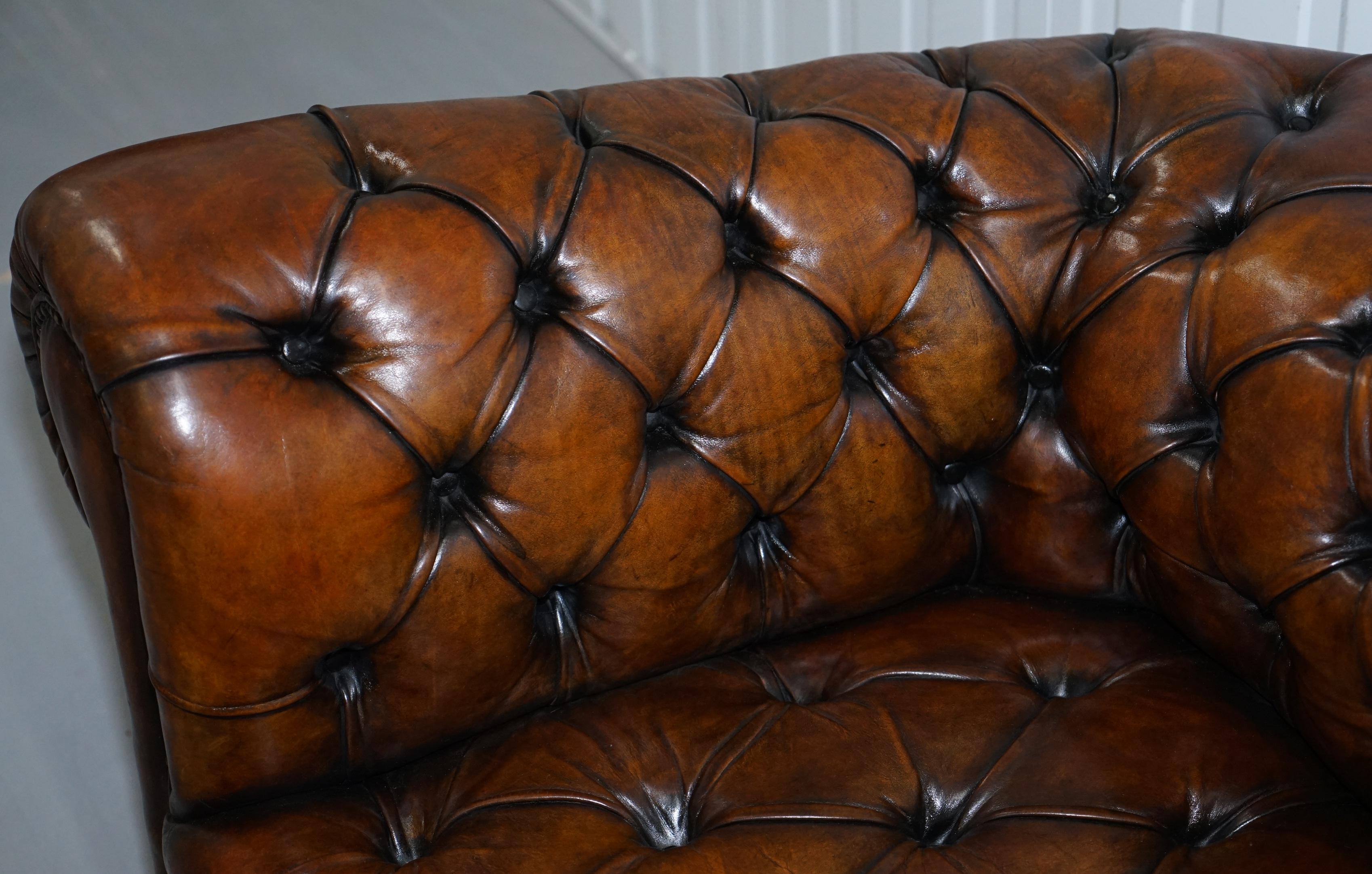 British Rare Victorian Horse Hair Fully Restored Brown Leather Chesterfield Armchair