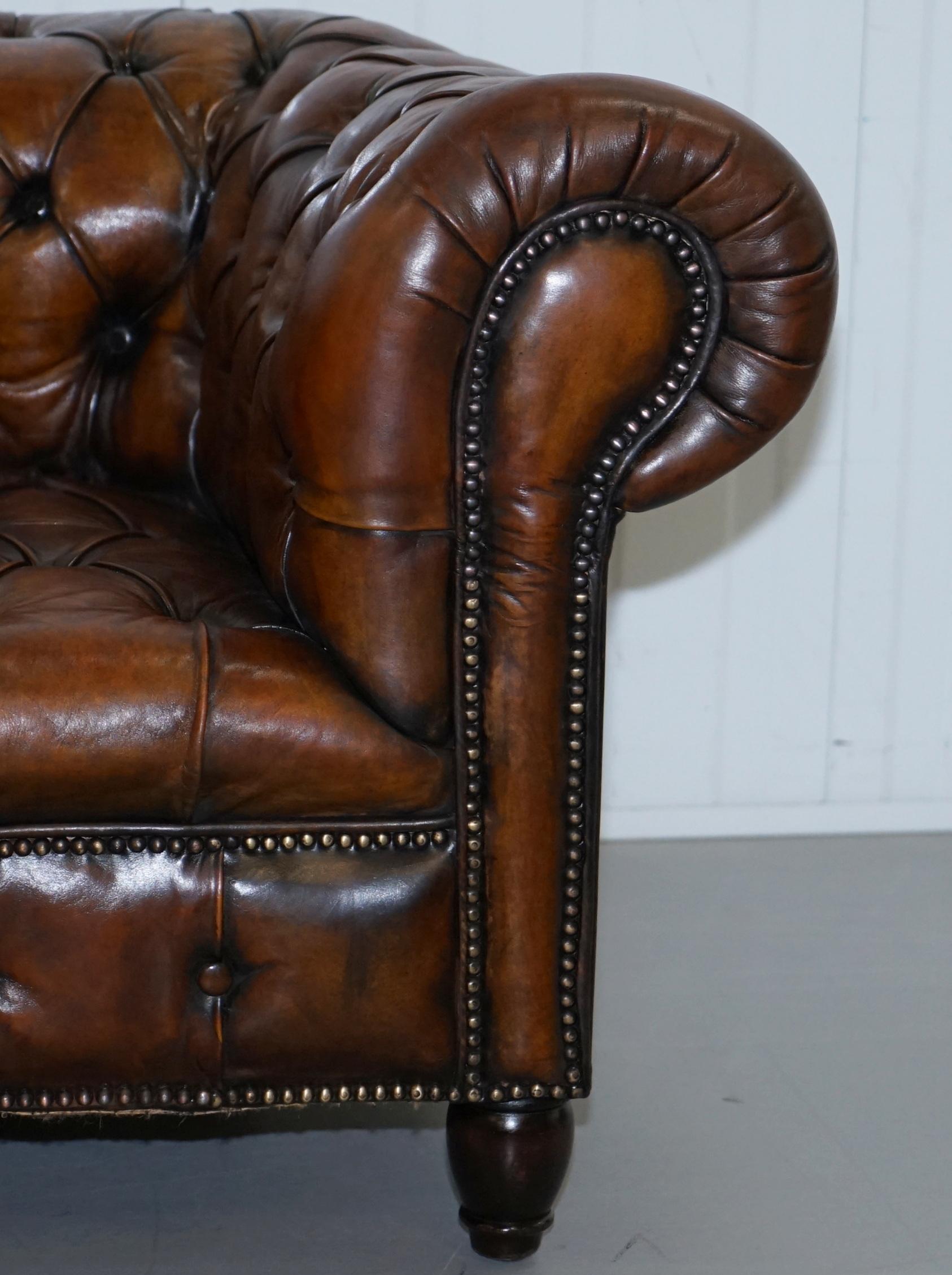 Rare Victorian Horse Hair Fully Restored Brown Leather Chesterfield Armchair 1