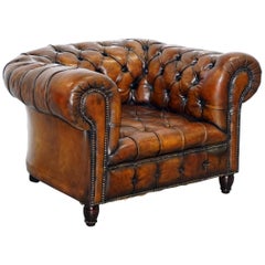 Rare Victorian Horse Hair Fully Restored Brown Leather Chesterfield Armchair