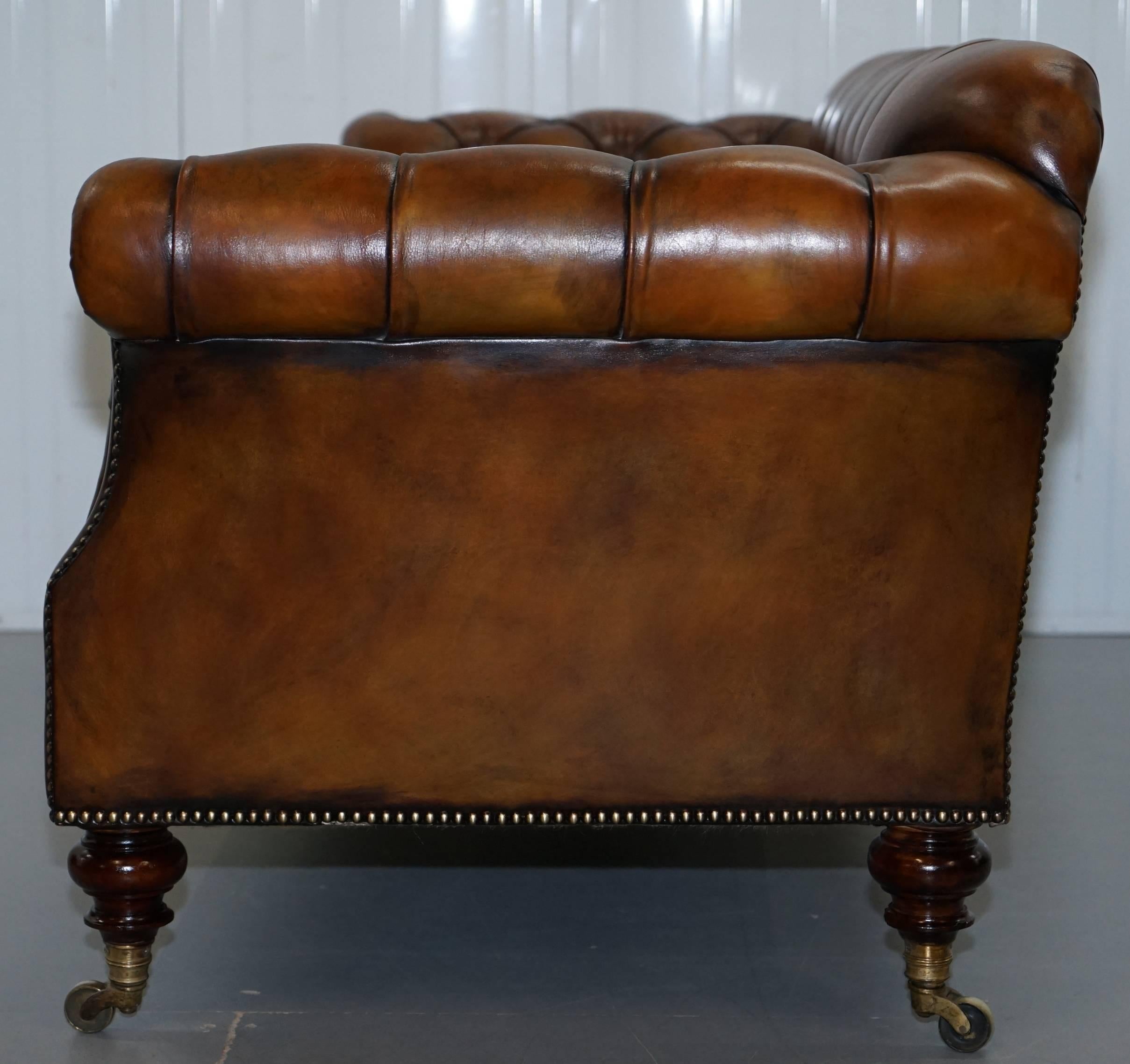 Rare Victorian Howard and Sons Fully Restored Brown Leather Chesterfield Sofa 6