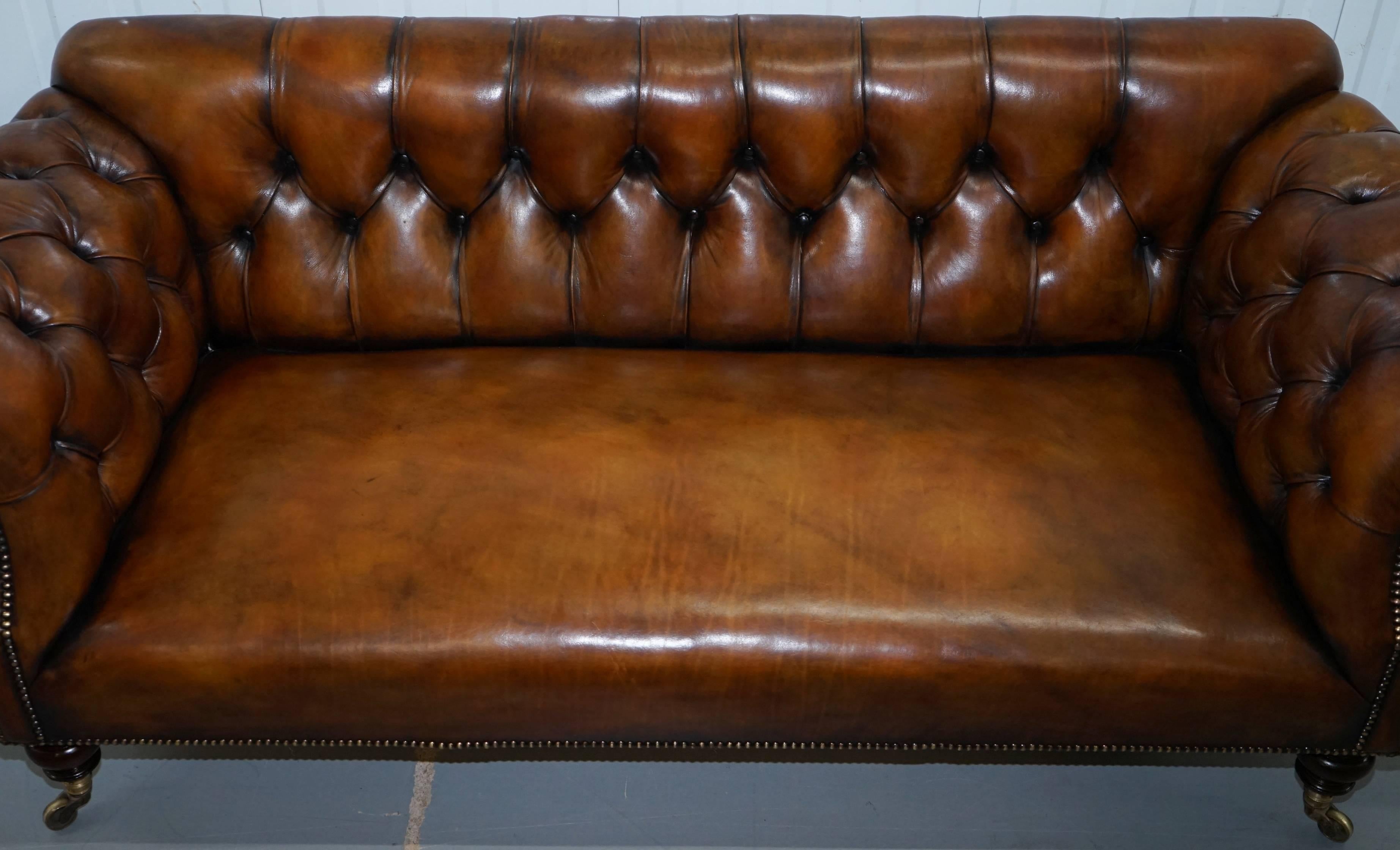 Hand-Carved Rare Victorian Howard and Sons Fully Restored Brown Leather Chesterfield Sofa